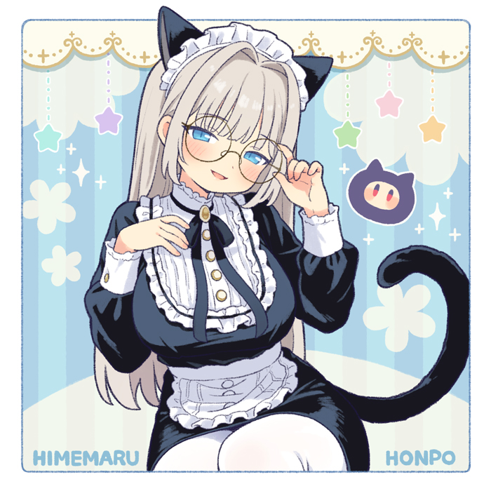 1girl animal_ears apron blue_eyes borrowed_character breasts cat_ears cat_tail commentary_request dress glasses large_breasts long_hair long_sleeves looking_at_viewer maid maid_headdress onyhakase original pantyhose solo tail