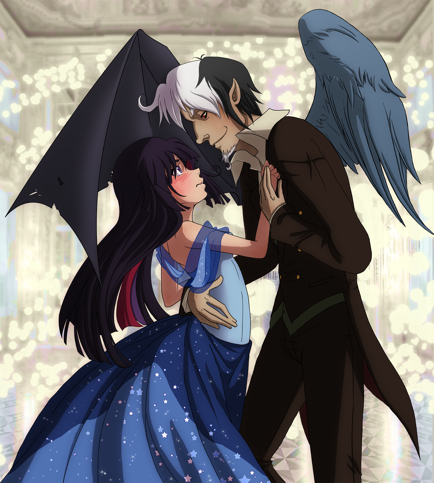 1boy 1girl asymmetrical_wings bare_shoulders blunt_bangs blush dancing discord_(my_little_pony) dress evening_gown eye_contact facial_hair formal_clothes goatee height_difference highres kayla_marquez looking_at_another multicolored_hair my_little_pony my_little_pony:_friendship_is_magic parted_lips personification pointy_ears purple_eyes purple_hair red_eyes revision shawl smile star_(symbol) tuxedo twilight_sparkle wings