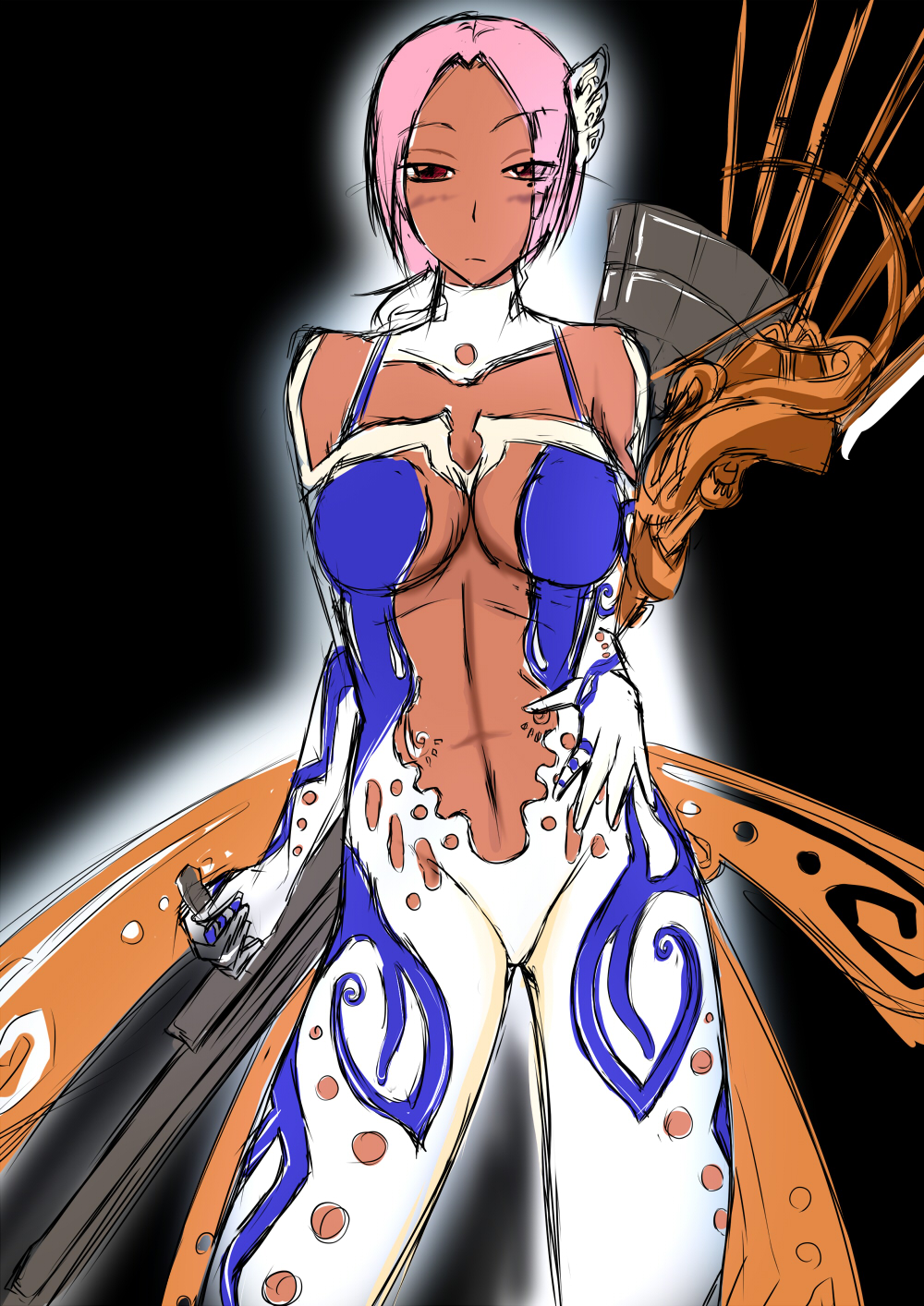alicia_(bullet_witch) alicia_(bullet_witch) alternate_costume aq_interactive breasts bullet_witch cavia cleavage dark_skin highres large_breasts midriff navel pink_hair serious short_hair skin_tight wings