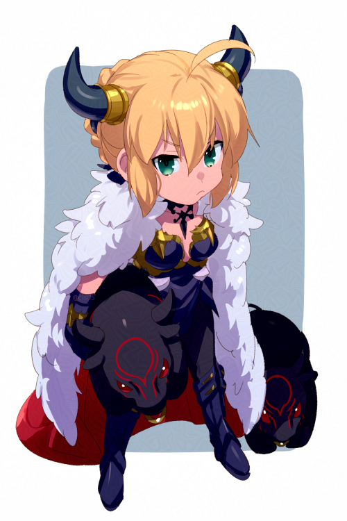 1girl ahoge armored_boots artoria_pendragon_(fate) artoria_pendragon_(lancer_alter)_(fate) artoria_pendragon_(lancer_alter)_(fate)_(cosplay) artoria_pendragon_(lancer_alter)_(ox-demon_king)_(fate) black_dress black_pants blonde_hair boots braid breasts bull chibi cosplay dress echo_(circa) fate/grand_order fate/stay_night fate_(series) gauntlets green_eyes hair_bun hair_ribbon horns looking_at_viewer medium_breasts medium_hair pants ribbon saber_(fate) sidelocks solo