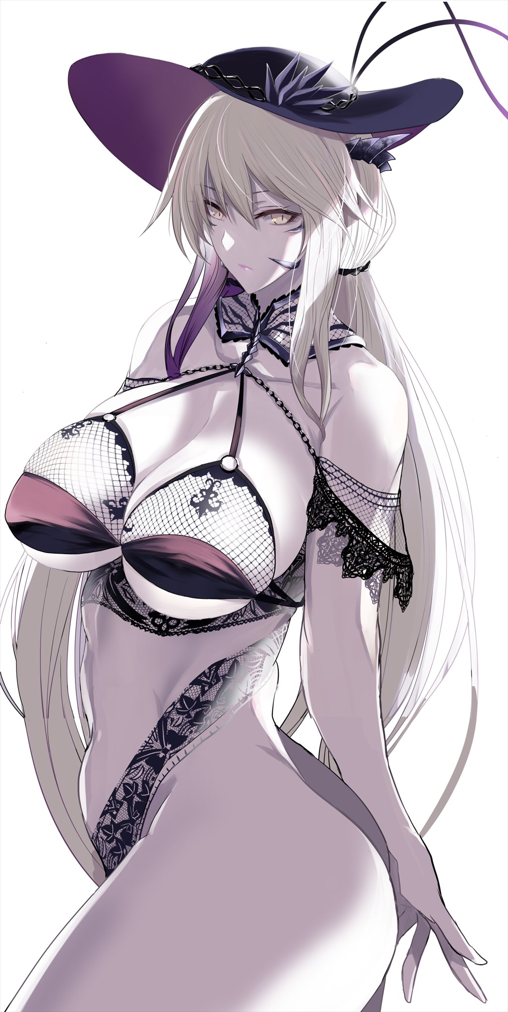 1girl artoria_pendragon_(fate) artoria_pendragon_(lancer_alter)_(fate) bare_shoulders bikini black_bikini black_hat breasts chain cleavage collarbone fate/grand_order fate_(series) fishnets hair_between_eyes hat highres horns kawabata_yoshihiro large_breasts long_hair looking_at_viewer pale_skin sarong sidelocks slit_pupils solo sun_hat swimsuit variant_set yellow_eyes