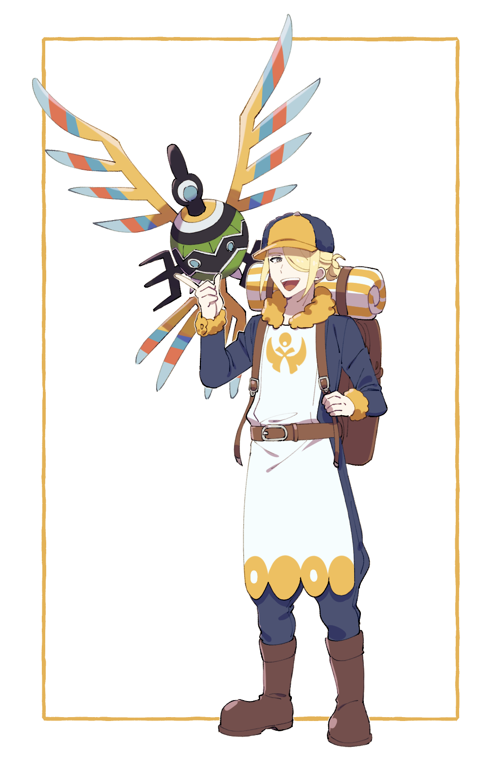 1boy amiebi backpack bag blonde_hair blue_eyes boots commentary_request gen_5_pokemon hair_over_one_eye hat highres looking_at_viewer nintendo one_eye_covered pokemon pokemon_(creature) pokemon_legends:_arceus sigilyph simple_background smile volo_(pokemon)