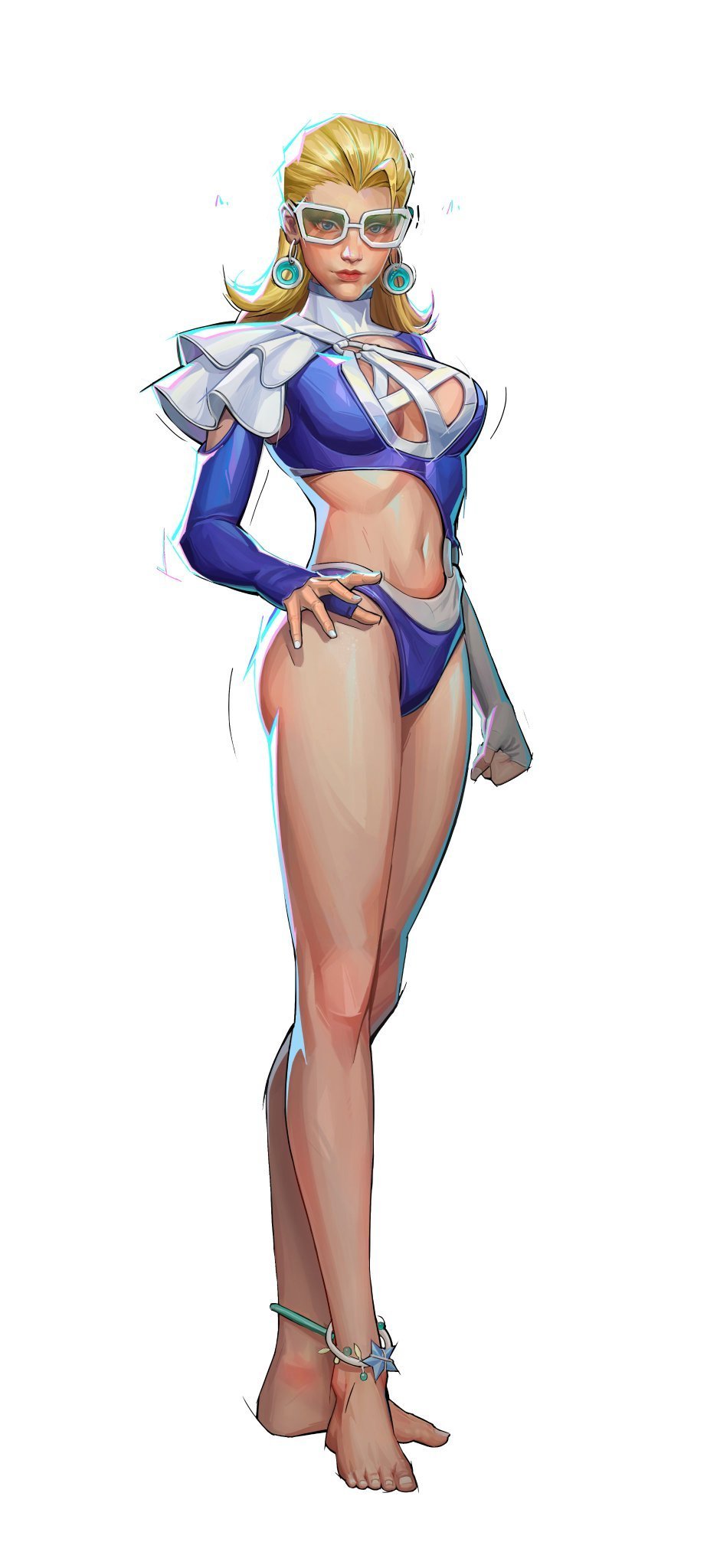 1girl blonde_hair blue_eyes breasts cleavage cleavage_cutout clothing_cutout earrings fantastic_four highleg highleg_one-piece_swimsuit highres jewelry large_breasts long_hair looking_at_viewer marvel marvel_rivals navel official_alternate_costume official_art one-piece_swimsuit solo sue_storm sue_storm_(azure_shade) sunglasses swimsuit