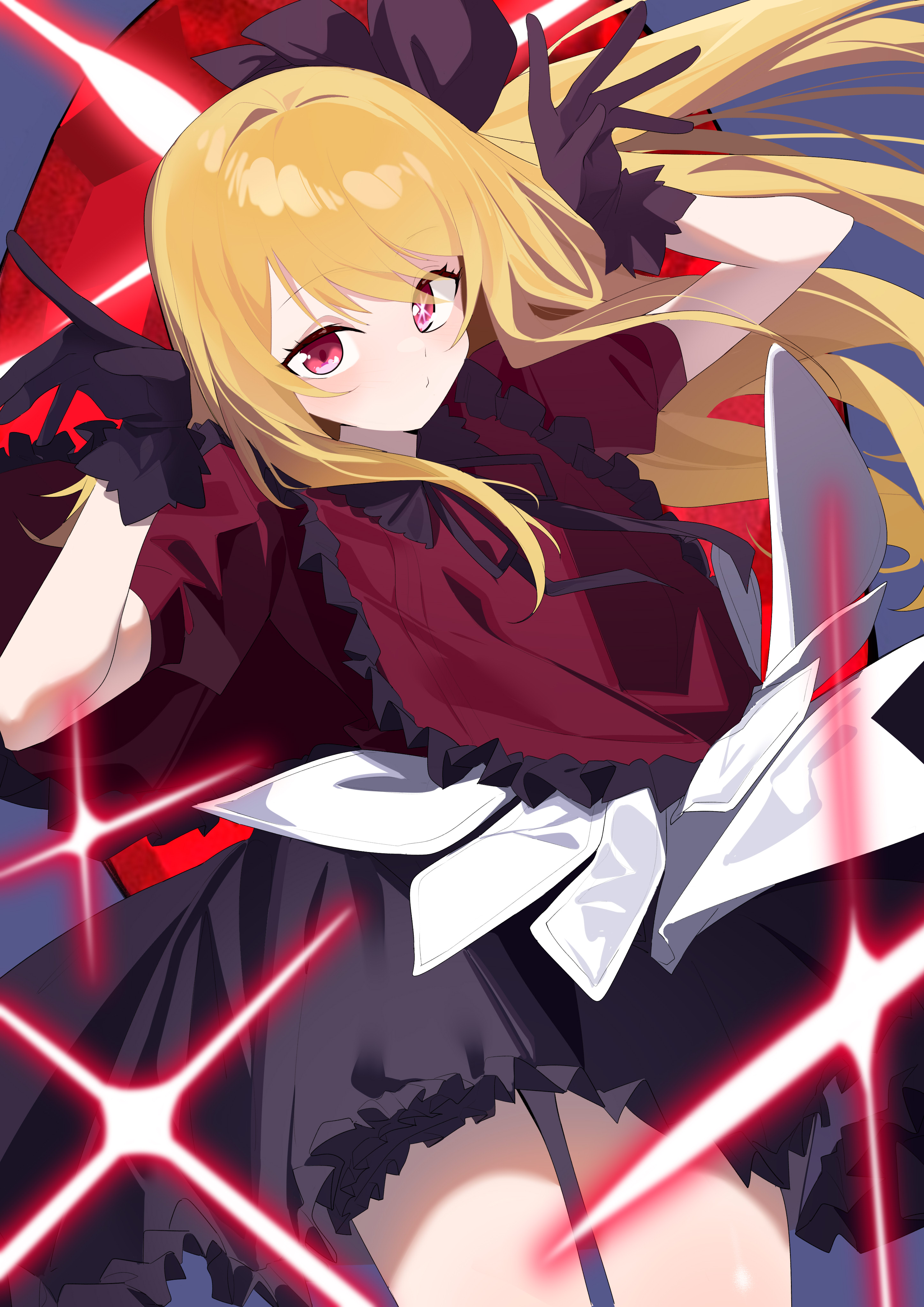 1girl absurdres black_gloves blonde_hair dress frilled_dress frills gloves highres hoshino_ruby long_hair looking_at_viewer oshi_no_ko red_eyes star_(symbol) star_in_eye symbol_in_eye very_long_hair wako_(1194433260)
