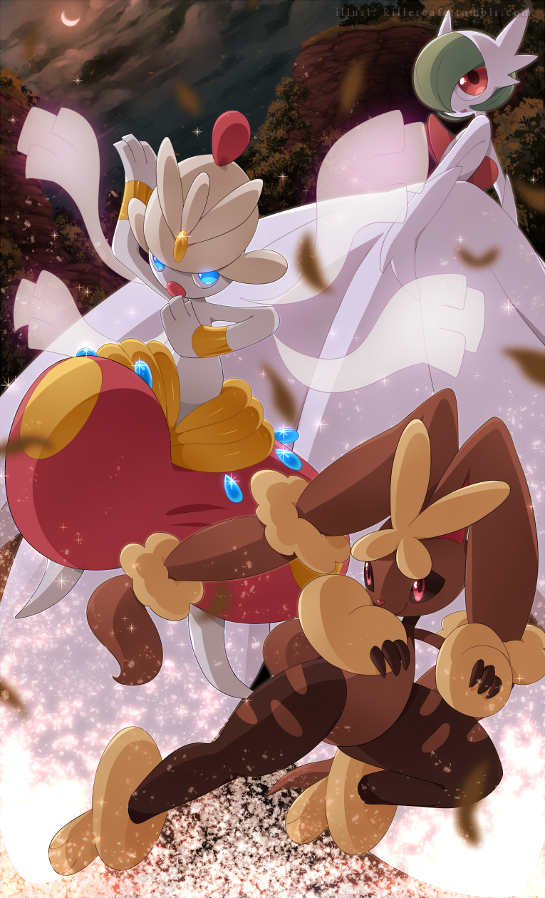 black_sclera blue_eyes closed_mouth cloud colored_sclera commentary_request crescent gardevoir gen_3_pokemon gen_4_pokemon glowing glowing_eyes highres lopunny medicham mega_gardevoir mega_lopunny mega_medicham mega_pokemon night nintendo outdoors pink_eyes pokemon pokemon_(creature) red_eyes sky smile sparkle watermark yajuuraku