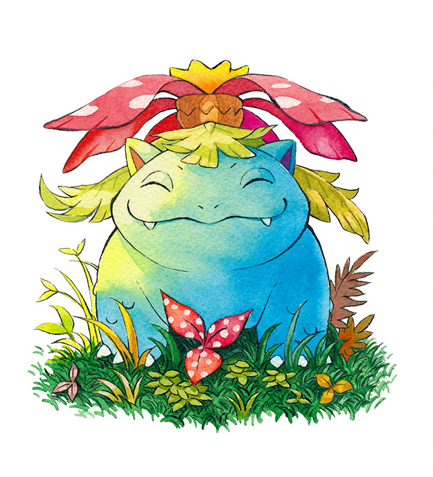animal_focus claws closed_eyes closed_mouth commentary english_commentary facing_viewer fangs full_body gen_1_pokemon grass happy nintendo no_humans nostrils oliver_hamlin painting_(medium) pokemon pokemon_(creature) solo traditional_media venusaur watercolor_(medium) white_background