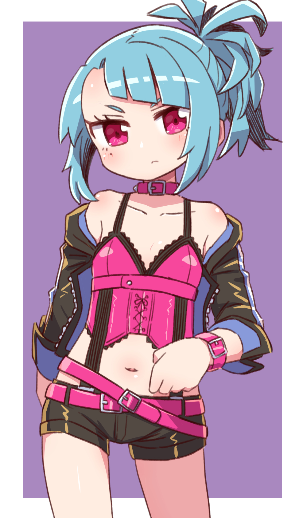 1girl 7th_dragon_(series) 7th_dragon_2020 7th_dragon_2020-ii bare_shoulders black_jacket black_shorts blue_hair blush bustier closed_mouth collar collarbone commentary_request diagonal_stripes eyebrows_hidden_by_hair highres jacket long_sleeves looking_at_viewer naga_u navel off_shoulder open_clothes open_jacket ponytail purple_background purple_collar purple_eyes sakuraba_izumi short_shorts shorts solo striped two-tone_background v-shaped_eyebrows white_background