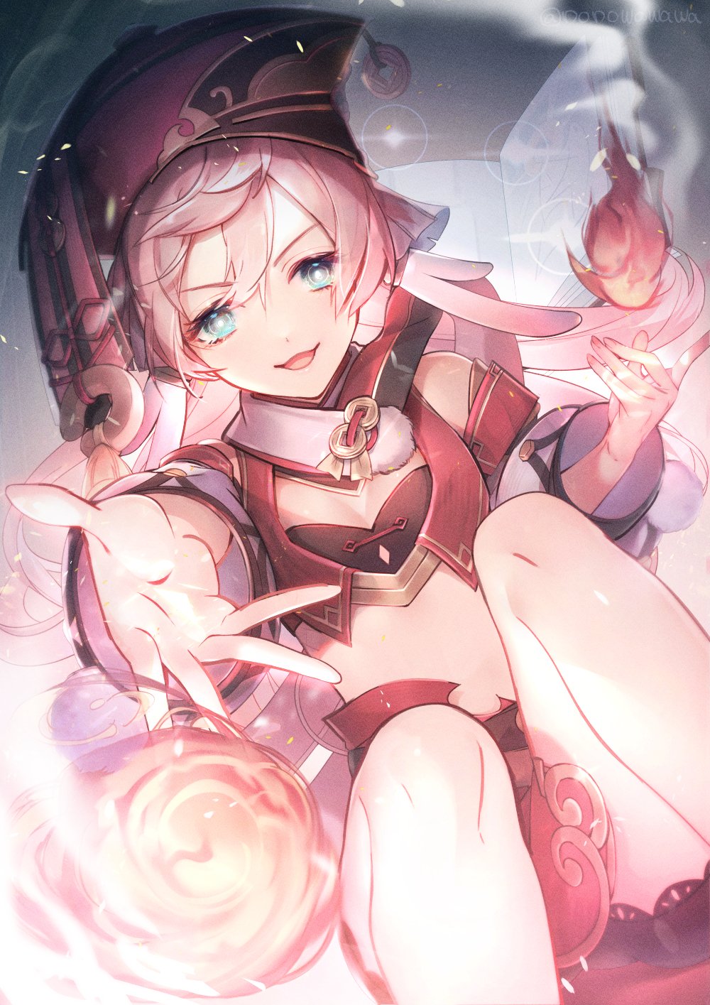 &gt;:) 1girl antlers artist_name bare_shoulders black_bloomers black_bra bloomers book bra breasts coin_hat_ornament crop_top detached_sleeves dutch_angle fire genshin_impact green_eyes hair_between_eyes hand_up hat_ornament highres horns knees_up long_hair long_sleeves looking_at_viewer midriff nonowawawa open_book open_mouth outstretched_arm pink_hair pyrokinesis red_headwear red_skirt skirt small_breasts smile solo underwear v-shaped_eyebrows white_sleeves yanfei_(genshin_impact)