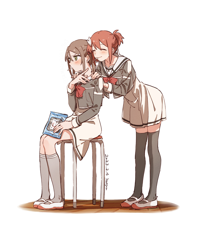 2girls blush bow bowtie brown_eyes brown_hair closed_eyes collarbone dated dress food_in_mouth grey_socks grey_thighhighs hands_on_another&#039;s_shoulders kanya_(asa_yake01) kneehighs long_sleeves miyoshi_karin multiple_girls red_bow red_bowtie red_headwear sanshuu_middle_school_uniform school_uniform sidelocks sitting sleeve_cuffs socks thighhighs v-shaped_eyebrows white_background white_dress white_footwear winter_uniform yuuki_yuuna yuuki_yuuna_wa_yuusha_de_aru yuusha_de_aru