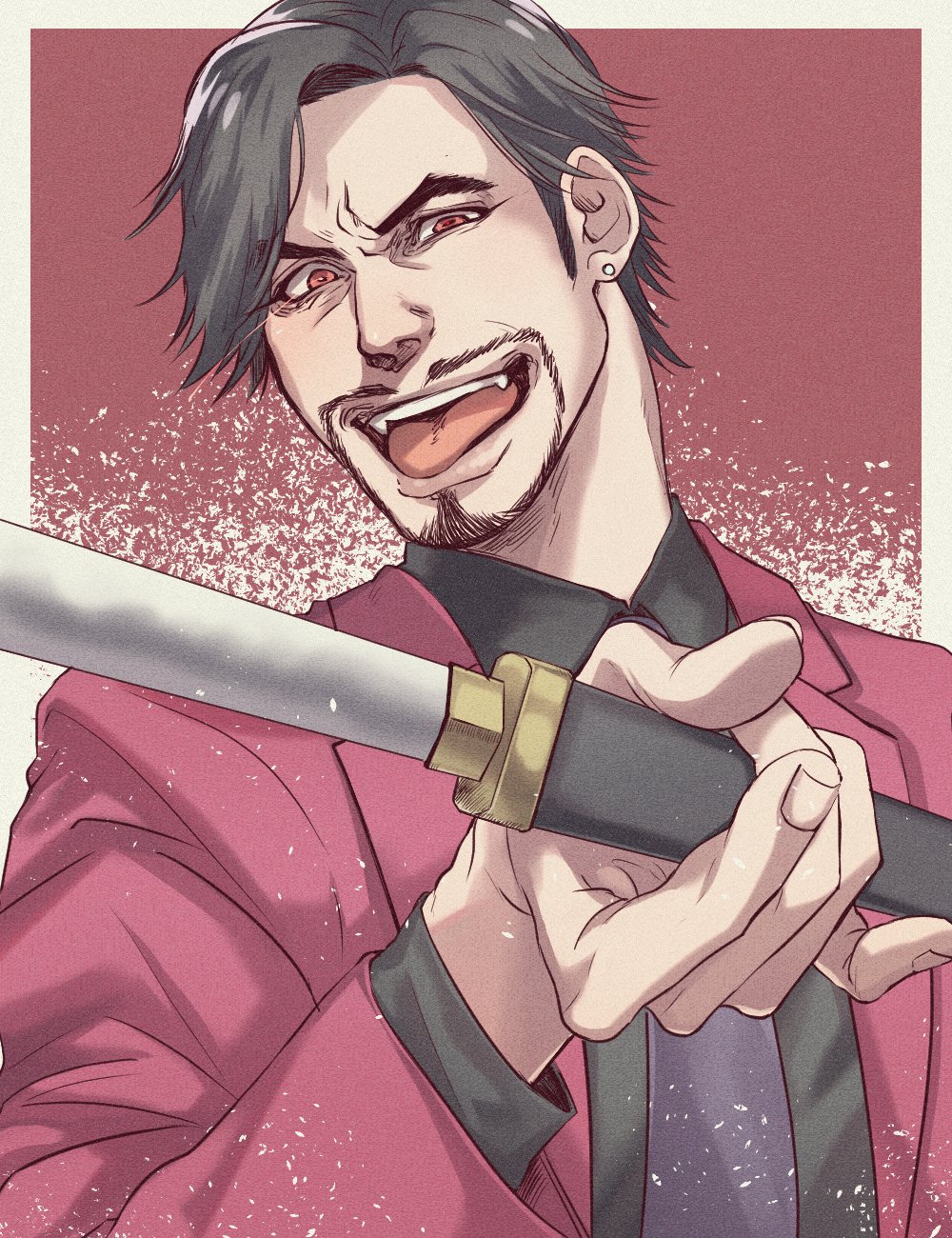 1boy black_hair coco_(h221414) dagger ear_piercing facial_hair fangs formal_clothes goatee highres holding holding_weapon jacket knife lips male_focus manly mature_male necktie nishitani_homare piercing purple_neckwear red_eyes red_jacket ryuu_ga_gotoku_(series) ryuu_ga_gotoku_0 short_hair tongue tongue_out upper_body weapon yakuza