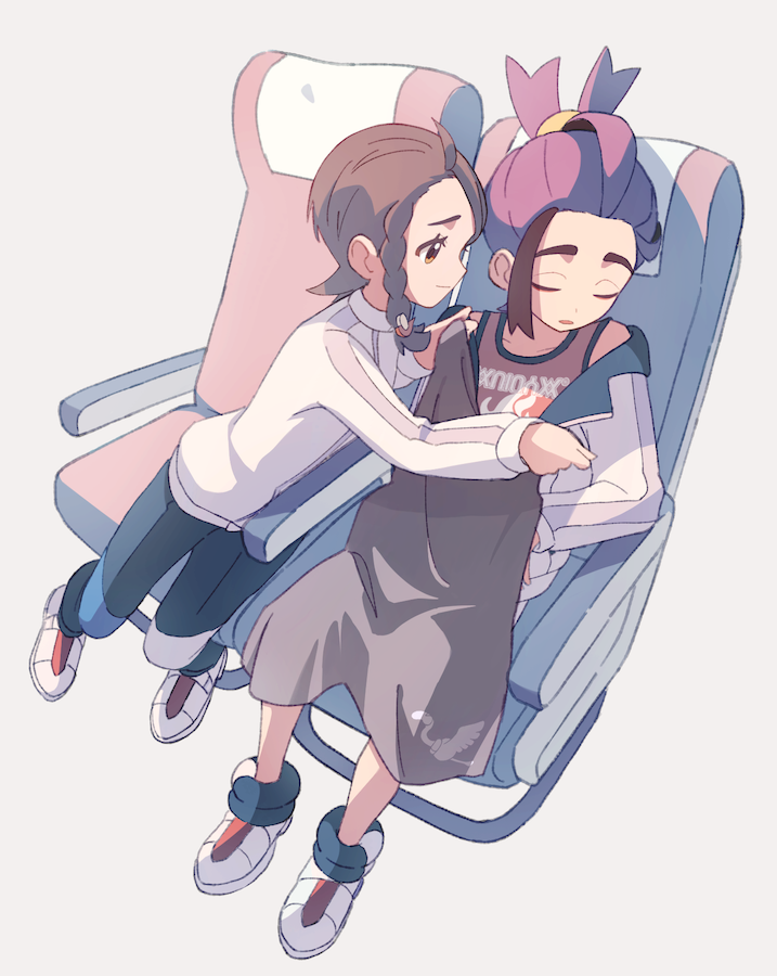 1boy 1girl brown_eyes brown_hair chair closed_eyes closed_mouth commentary eyelashes jacket juliana_(pokemon) kieran_(pokemon) long_sleeves nintendo pants pokemon pokemon_sv purple_hair shirt shoes sitting sleeping sleeveless sleeveless_shirt socks suimoku_(hzdg5322) white_jacket white_shoes