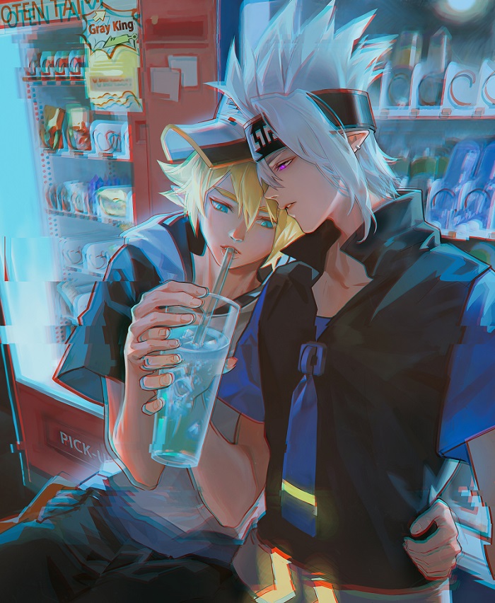 2boys aotu_world arm_around_waist artist_name bishounen black_pants black_vest blonde_hair blue_eyes blue_shirt chromatic_aberration cup drink drinking drinking_straw drinking_straw_in_mouth grey_(aotu_world) grey_hair hair_between_eyes hand_on_another&#039;s_waist hat headband holding holding_cup hood hoodie indoors king_(aotu_world) looking_at_another male_focus multiple_boys necktie oten pants parted_lips pointy_ears purple_eyes shirt short_hair short_sleeves sitting spiked_hair vending_machine vest white_hair white_hoodie yaoi