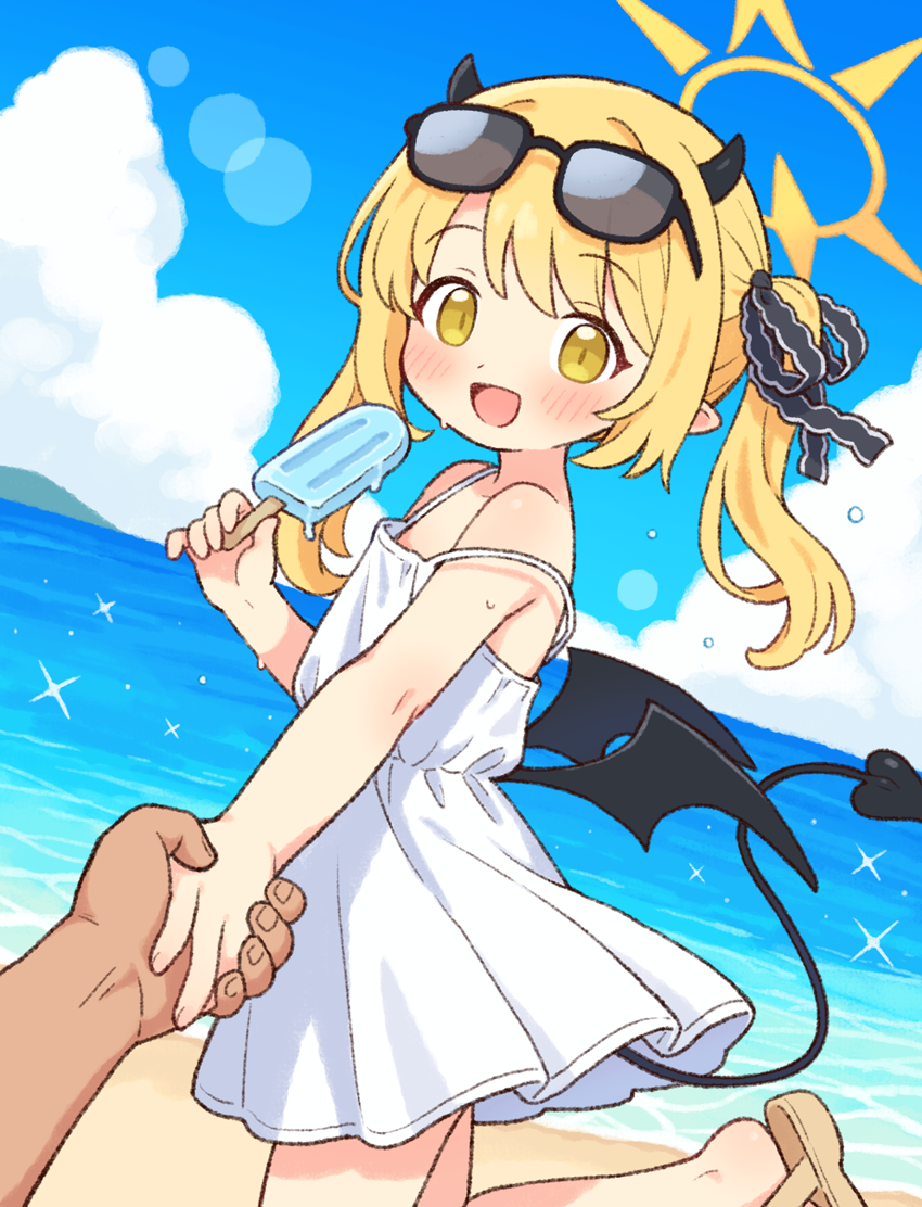 1boy 1girl :d asymmetrical_hair bare_arms bare_shoulders beach black_horns black_ribbon black_tail black_wings blonde_hair blue_archive blue_sky blush commentary_request day demon_girl demon_horns demon_tail demon_wings dress eyewear_on_head flat_chest food hair_ribbon halo holding holding_food holding_hands horns ibuki_(blue_archive) looking_at_viewer onyhakase open_mouth outdoors popsicle ribbon sky sleeveless sleeveless_dress smile solo_focus strap_slip sundress sunglasses tail white_dress wings yellow_eyes