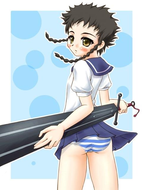 00s 1girl black_hair braid minagi_mikoto my-hime panties school_uniform serafuku striped_clothes striped_panties sword tagme underwear weapon