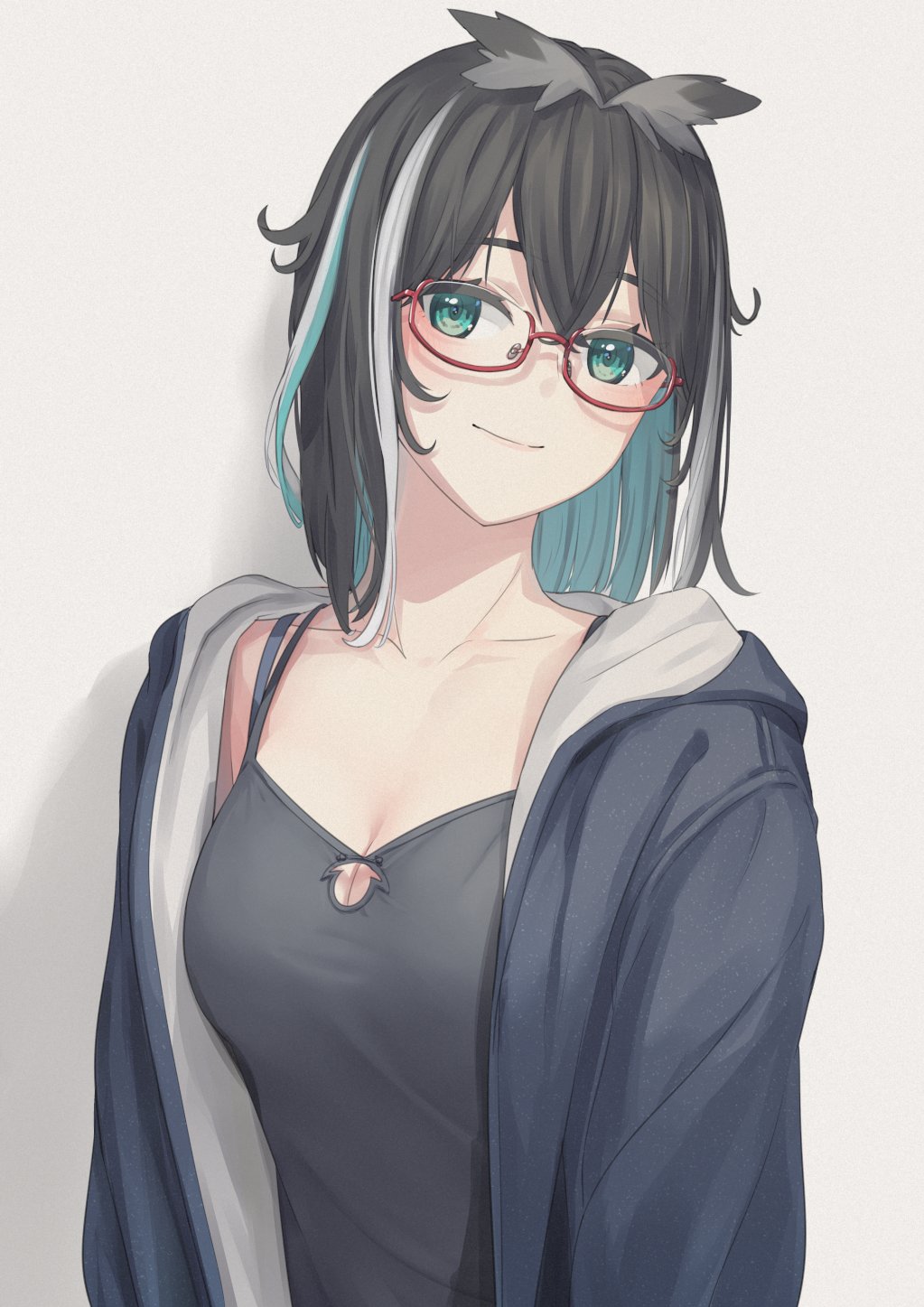 1girl alternate_costume animare atsushima black_camisole black_hair blue_eyes blue_hair blush breasts camisole cleavage closed_mouth commentary_request glasses grey_background grey_hair grey_hoodie grey_wings head_wings highres hood hood_down hoodie looking_at_viewer medium_breasts multicolored_hair nanashi_inc. open_clothes open_hoodie oura_rukako red-framed_eyewear simple_background smile solo streaked_hair upper_body virtual_youtuber wings