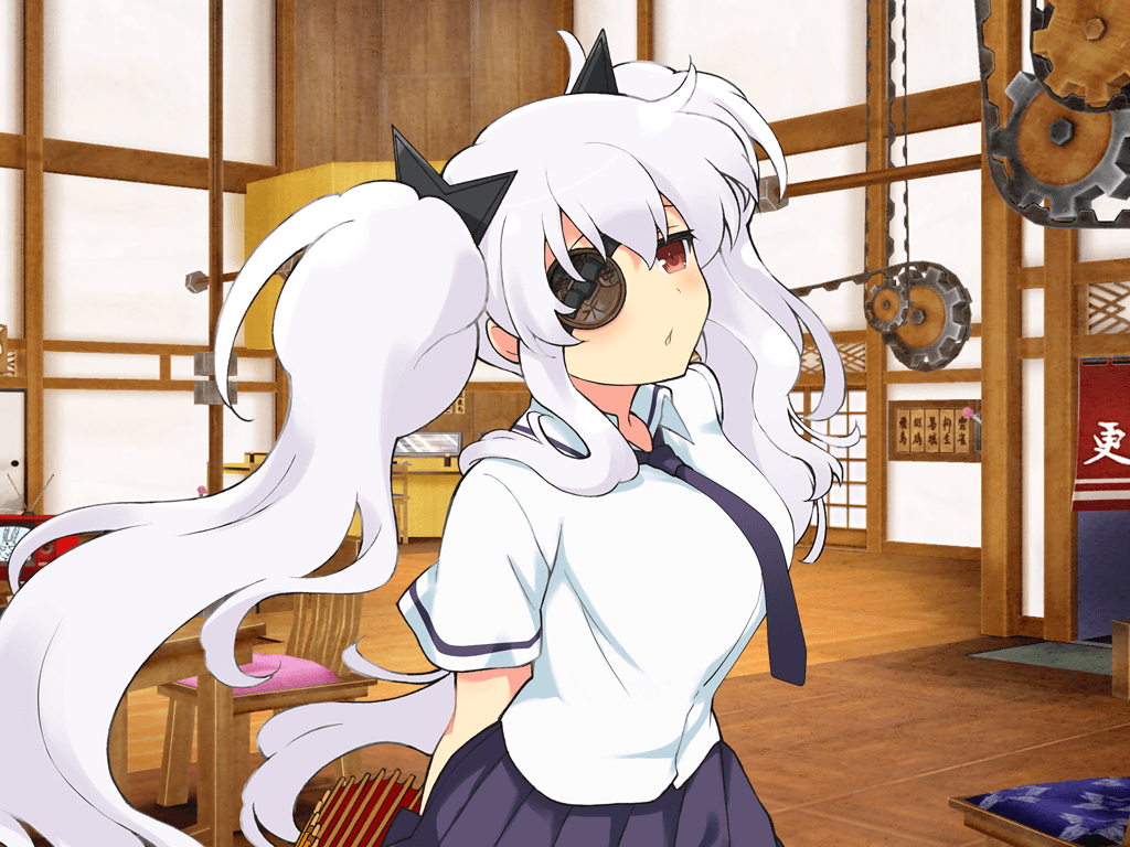 1girl :o architecture arms_behind_back blue_necktie blue_skirt blush breast_pocket breasts closed_umbrella crt east_asian_architecture eyepatch gears hair_ornament hanzou_academy_school_uniform holding holding_umbrella indoors kunai large_breasts long_hair looking_at_viewer necktie ninto_(senran_kagura) official_art oil-paper_umbrella pleated_skirt pocket radio_antenna red_eyes school_uniform senran_kagura senran_kagura_new_link senran_kagura_shoujo-tachi_no_shin&#039;ei shirt short_sleeves shouji shuriken_hair_ornament sidelocks skirt sliding_doors solo table twintails umbrella very_long_hair weapon white_hair white_shirt wooden_chair wooden_table yaegashi_nan yagyu_(senran_kagura)