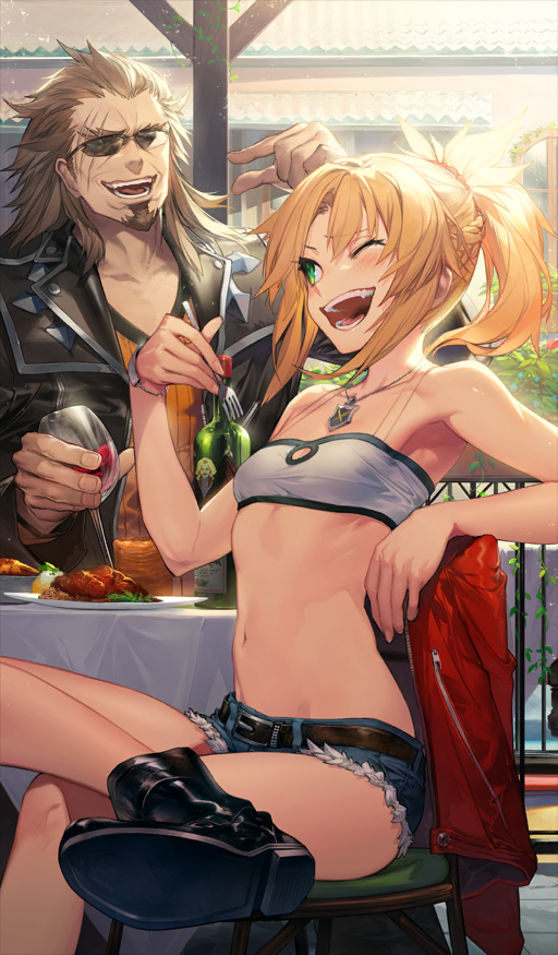 1boy 1girl armpits bandeau bare_arms bare_legs belt belt_buckle black_boots black_jacket blonde_hair blue_shorts boots bottle bracelet braid breasts brown_belt brown_facial_hair brown_hair buckle chair collarbone commentary cup denim denim_shorts drink drinking_glass facial_hair fate/grand_order fate_(series) figure_four_sitting food food_request foot_out_of_frame fork goatee green_eyes hair_tie happy holding holding_cup holding_utensil jacket jewelry kodama_(wa-ka-me) lapels light_particles light_rays long_sleeves meat medium_hair midriff mordred_(fate) mordred_(memories_at_trifas)_(fate) navel necklace notched_lapels official_art one_eye_closed open_mouth orange_shirt outdoors pectoral_cleavage pectorals pendant plate ponytail red_jacket scar scar_on_face shirt shishigou_kairi shorts sidelocks sitting small_breasts smile strapless sunbeam sunglasses sunlight table teeth third-party_source tube_top unworn_jacket v-neck vlad_iii_(fate/apocrypha) white_bandeau wine_bottle wine_glass zipper zipper_pull_tab