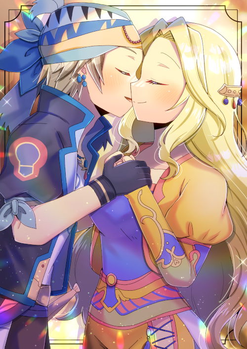 1boy 1girl black_gloves black_jacket blonde_hair blush breasts brown_hair celes_chere closed_eyes closed_mouth collarbone commentary_request commission earrings facing_another final_fantasy final_fantasy_vi gloves hetero holding_hands jacket jewelry kou_hiyoyo locke_cole long_hair medium_breasts orange_jacket parted_bangs parted_lips puffy_short_sleeves puffy_sleeves purple_shirt shirt short_sleeves skeb_commission very_long_hair white_shirt
