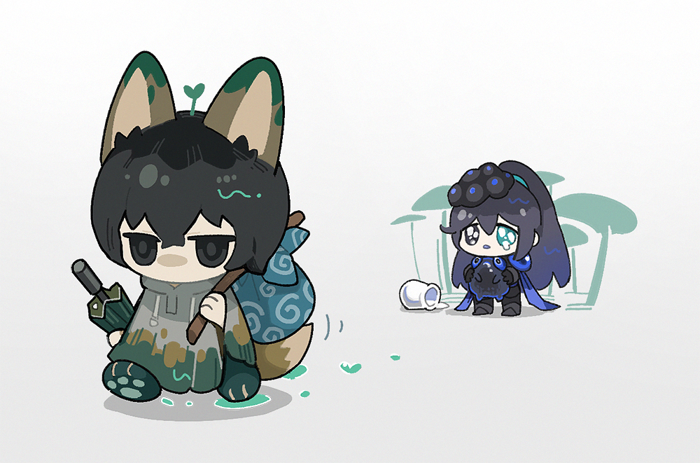 2boys animal_ears black_boots black_eyes black_hair blubbering_toad_(project_moon) boots cavernous_wailing_(e.g.o) chibi e.g.o_(project_moon) flaw_eight fox_ears fox_tail high_ponytail hong_lu_(project_moon) limbus_company long_hair multiple_boys ponytail project_moon simple_background sprout_on_head sunshower_(e.g.o) tail very_long_hair walking white_background yi_sang_(project_moon)