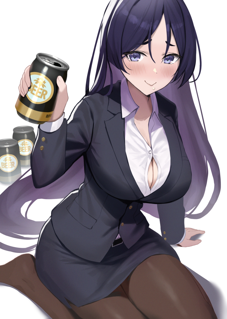 1girl beppu_mitsunaka breasts brown_pantyhose fate/grand_order fate_(series) formal_clothes highres large_breasts long_hair looking_at_viewer minamoto_no_raikou_(fate) office_lady pantyhose parted_bangs pencil_skirt purple_eyes purple_hair skirt skirt_suit smile solo suit very_long_hair