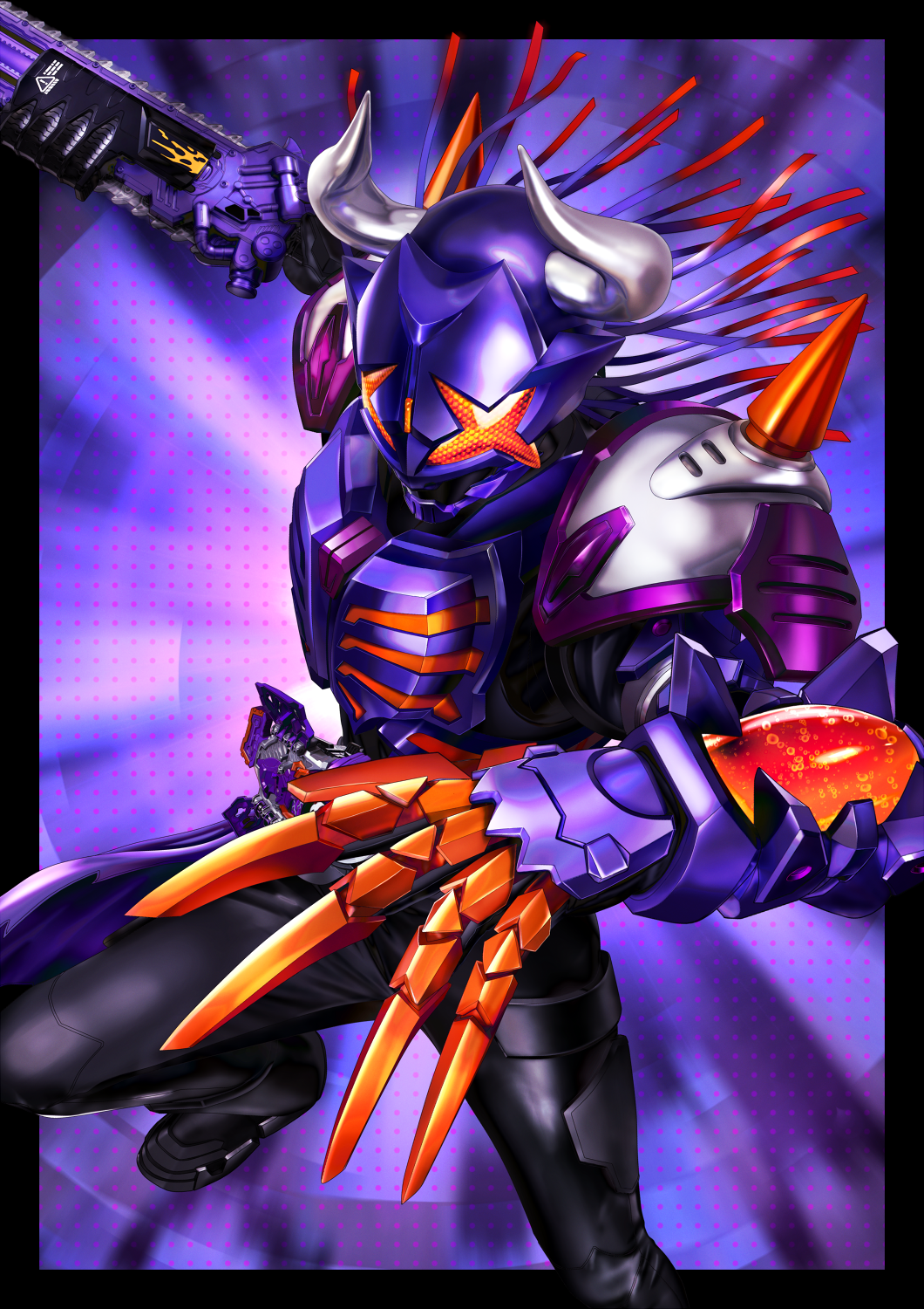 +_+ 1boy armor black_bodysuit black_boots black_border black_gloves bodysuit boots border buffalo bull chainsaw claw_(weapon) desire_driver gloves highres holding holding_sword holding_weapon horns kamen_rider kamen_rider_buffa kamen_rider_geats_(series) long_hair looking_at_viewer male_focus masukudo_(hamamoto_hikaru) purple_background purple_hair raise_buckle scarf shoulder_spikes solo spikes spread_legs sword tokusatsu weapon zombie_breaker zombie_buckle