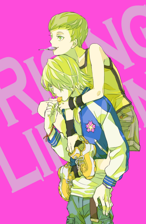 10s 1boy 1girl blonde_hair green_eyes huang_pao-lin ivan_karelin jacket letterman_jacket no_(99nya) piggyback purple_eyes purple_jacket reverse_trap short_hair shorts tiger_&amp;_bunny