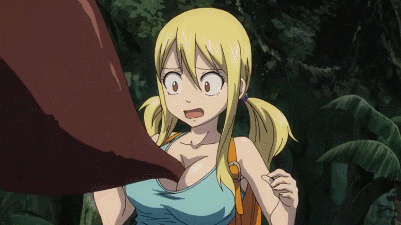 1girl animated animated_gif blonde_hair bouncing_breasts breasts cleavage fairy_tail large_breasts leech lowres lucy_heartfilia monster