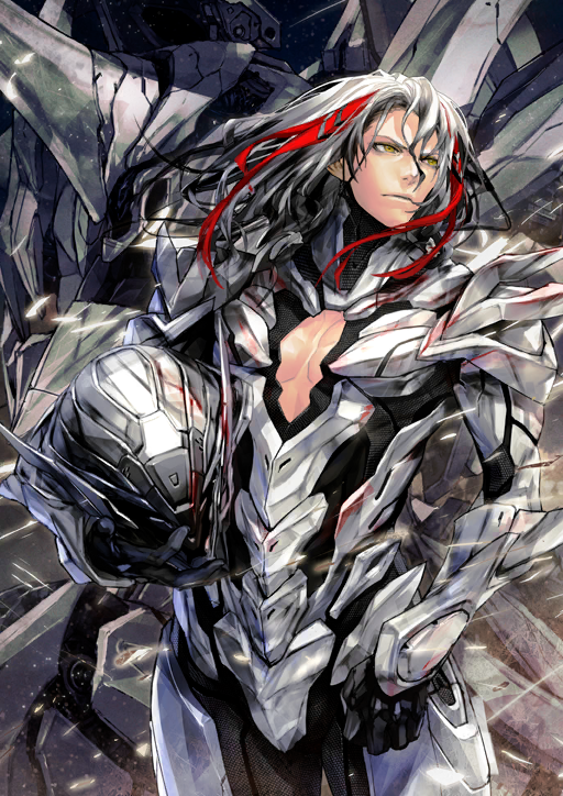 1boy aigis_(fate) arm_at_side armor armored_bodysuit black_bodysuit bodysuit cleavage_cutout closed_mouth clothing_cutout cowboy_shot fate/grand_order fate_(series) game_cg gradient_hair grey_hair hair_between_eyes helmet high_collar holding holding_helmet looking_to_the_side male_focus mecha medium_hair multicolored_hair odysseus_(fate) official_art pectorals red_streaks redjuice robot solo streaked_hair third-party_source trojan_horse_(fate) turtleneck unworn_headwear unworn_helmet white_armor white_hair wind yellow_eyes