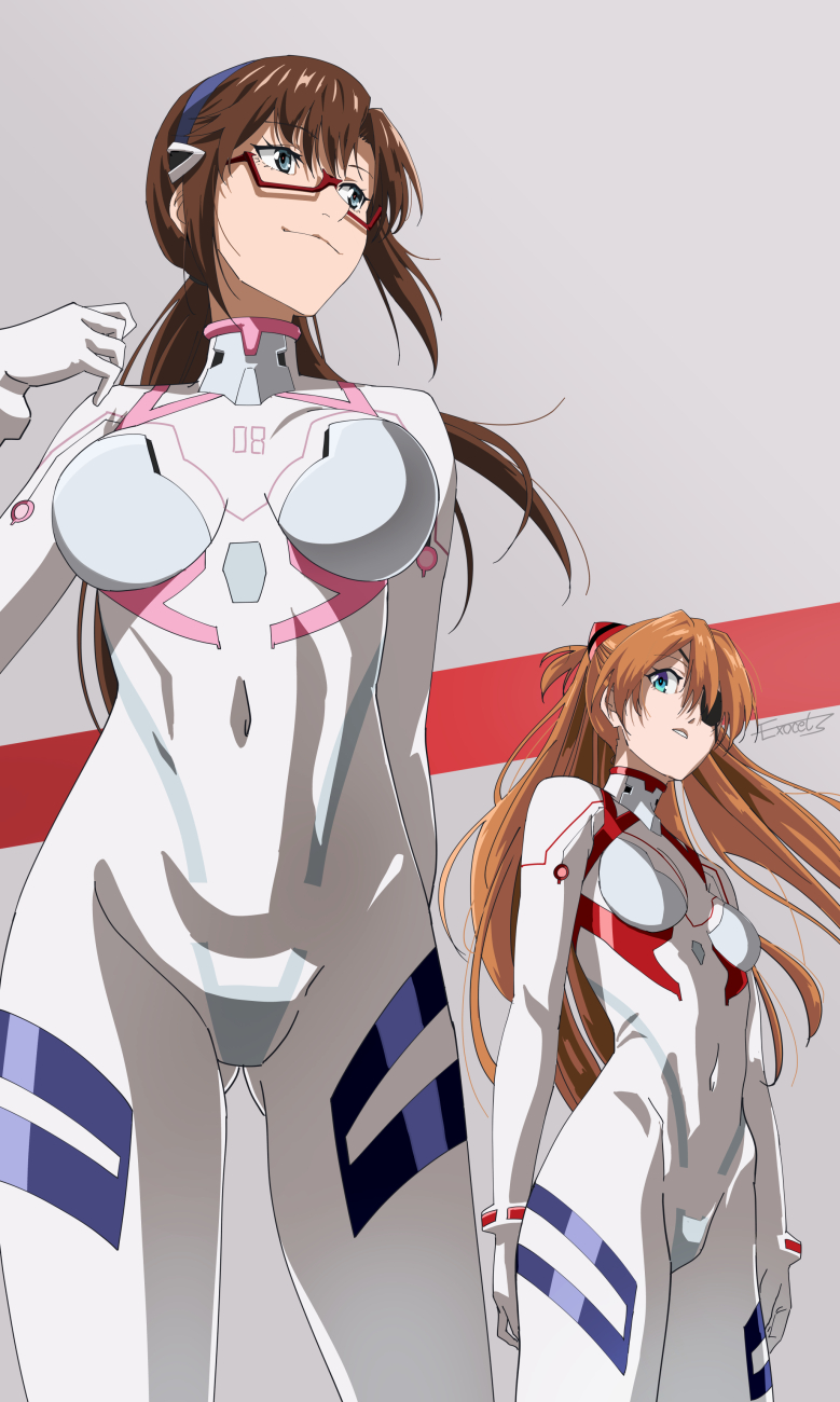 2girls blue_eyes bodysuit breasts brown_hair commentary_request covered_navel curvy evangelion:_3.0+1.0_thrice_upon_a_time exocet_(exocet4) eyepatch glasses grey_background highres large_breasts looking_at_another makinami_mari_illustrious mecha_pilot_suit medium_breasts multiple_girls neon_genesis_evangelion orange_hair plugsuit_(evangelion) rebuild_of_evangelion red-framed_eyewear smile souryuu_asuka_langley white_bodysuit wide_hips