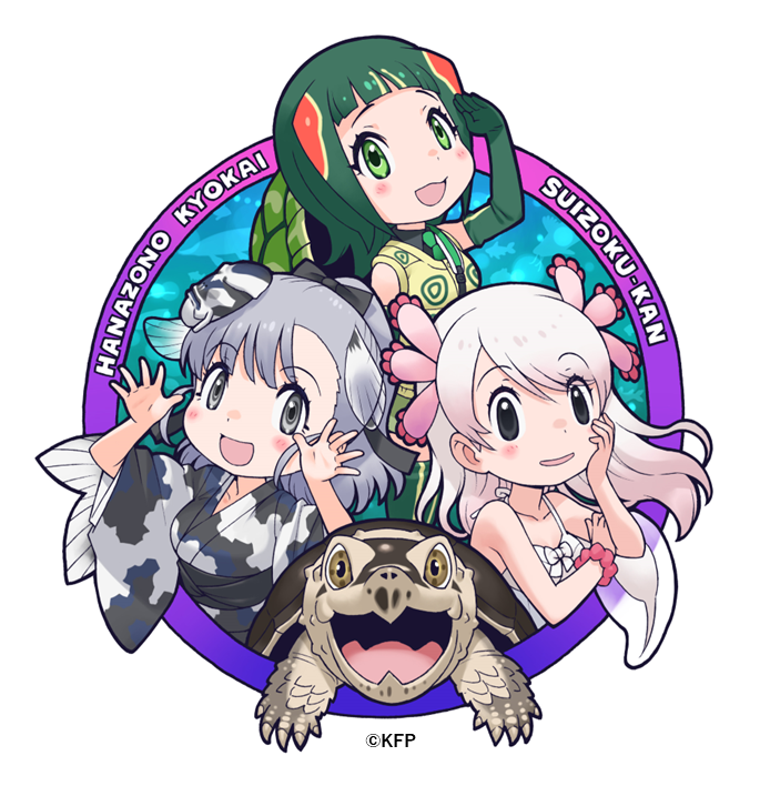 animal animal_costume black_eyes gloves green_eyes green_hair grey_eyes grey_hair hair_ornament japanese_clothes jinmen-gyo_(kemono_friends) kemono_friends kimono long_hair looking_at_viewer mexico_salamander_(kemono_friends) multiple_girls necktie official_art open_mouth pink_hair red-eared_slider_(kemono_friends) ribbon short_hair sleeveless smile turtle yoshizaki_mine
