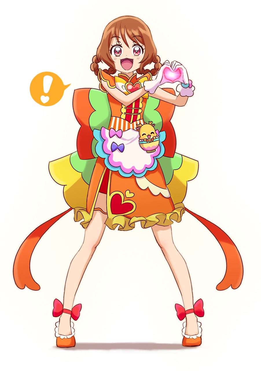 ! 1girl :3 :d apron back_bow bike_shorts bow brooch brown_hair china_dress chinese_clothes commentary_request cosplay cure_yum-yum cure_yum-yum_(cosplay) delicious_party_precure dress flats frilled_dress frills full_body gloves hair_rings hanamichi_ran heart heart_brooch heart_hands highres huge_bow jewelry looking_at_viewer medium_dress mem-mem_(precure) open_mouth orange_bow orange_dress orange_shoes partial_commentary precure red_eyes red_shorts shoes short_hair shorts shorts_under_dress side_slit simple_background smile solo spoken_exclamation_mark standing waist_apron white_background white_gloves zerolay