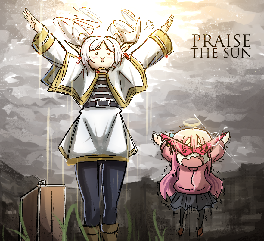2girls belt blush bocchi_the_rock! boots capelet cloud cloudy_sky coat crossover dark_souls_(series) dark_souls_i english_text frieren gotoh_hitori grass halo kamina_shades long_hair multiple_girls on_grass ononotsu open_mouth pantyhose parody pink_hair pointy_ears praise_the_sun skirt sky sousou_no_frieren stretching sun sunglasses sunlight sweater tongue trembling twintails white_hair