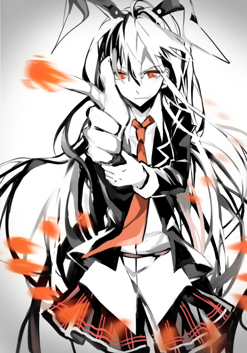 &gt;:| 1girl :| aiming animal_ears bad_id bad_pixiv_id blurry closed_mouth depth_of_field faux_traditional_media female_focus long_hair pleated_skirt pointing rabbit_ears red_eyes reisen_udongein_inaba school_uniform skirt solo touhou v-shaped_eyebrows very_long_hair white_hair zgxuke