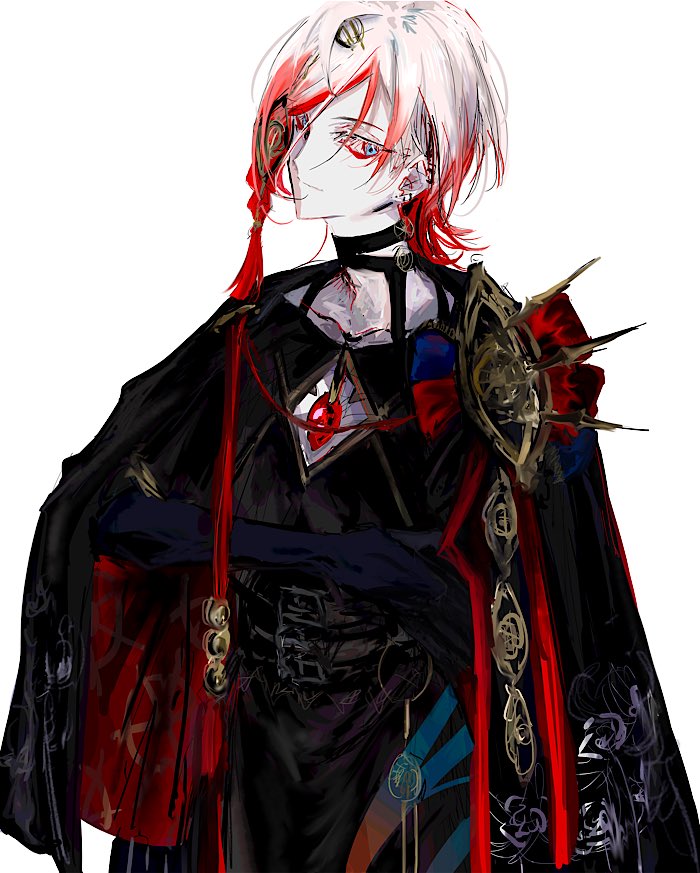 1boy blue_eyes cape chest_jewel earrings eyeshadow eyeshadow_under_eye fate/grand_order fate_(series) gradient_hair hair_ornament hair_over_one_eye jewelry karna_(fate) looking_at_viewer makeup male_focus medium_hair multicolored_hair multiple_earrings ngg_n pale_skin red_eyeshadow red_hair simple_background solo upper_body white_background white_hair
