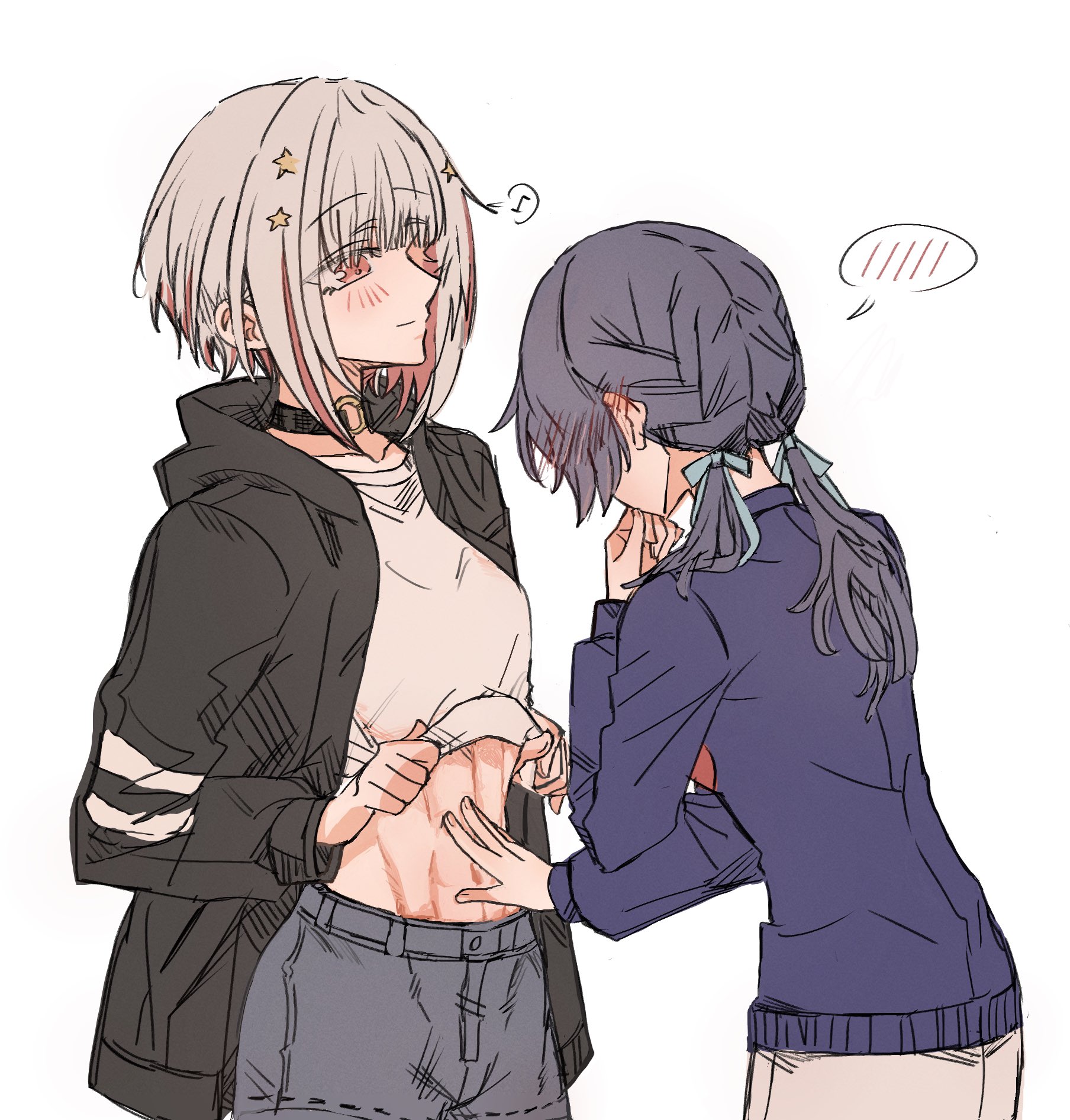 2girls abs black_choker black_jacket black_shorts blue_hair blue_ribbon blue_sweater blush_visible_through_hair breasts chinese_commentary choker closed_mouth clothes_lift collarbone commentary_request dollchestra grey_hair hair_ornament hair_ribbon hand_on_another's_stomach hand_on_own_chin highres hood hooded_jacket jacket junjun_(kimi-la) link!_like!_love_live! long_sleeves love_live! low_twintails mixed-language_commentary multicolored_hair multiple_girls murano_sayaka murano_sayaka_(summer_loungewear) musical_note o-ring o-ring_choker open_clothes open_jacket red_hair ribbon shirt shirt_lift shorts sideways_mouth small_breasts smile speech_bubble spoken_blush spoken_musical_note star_(symbol) star_hair_ornament streaked_hair sweater toned toned_female twintails two-tone_hair upper_body virtual_youtuber white_background white_shirt yugiri_tsuzuri yugiri_tsuzuri_(summer_loungewear) yuri