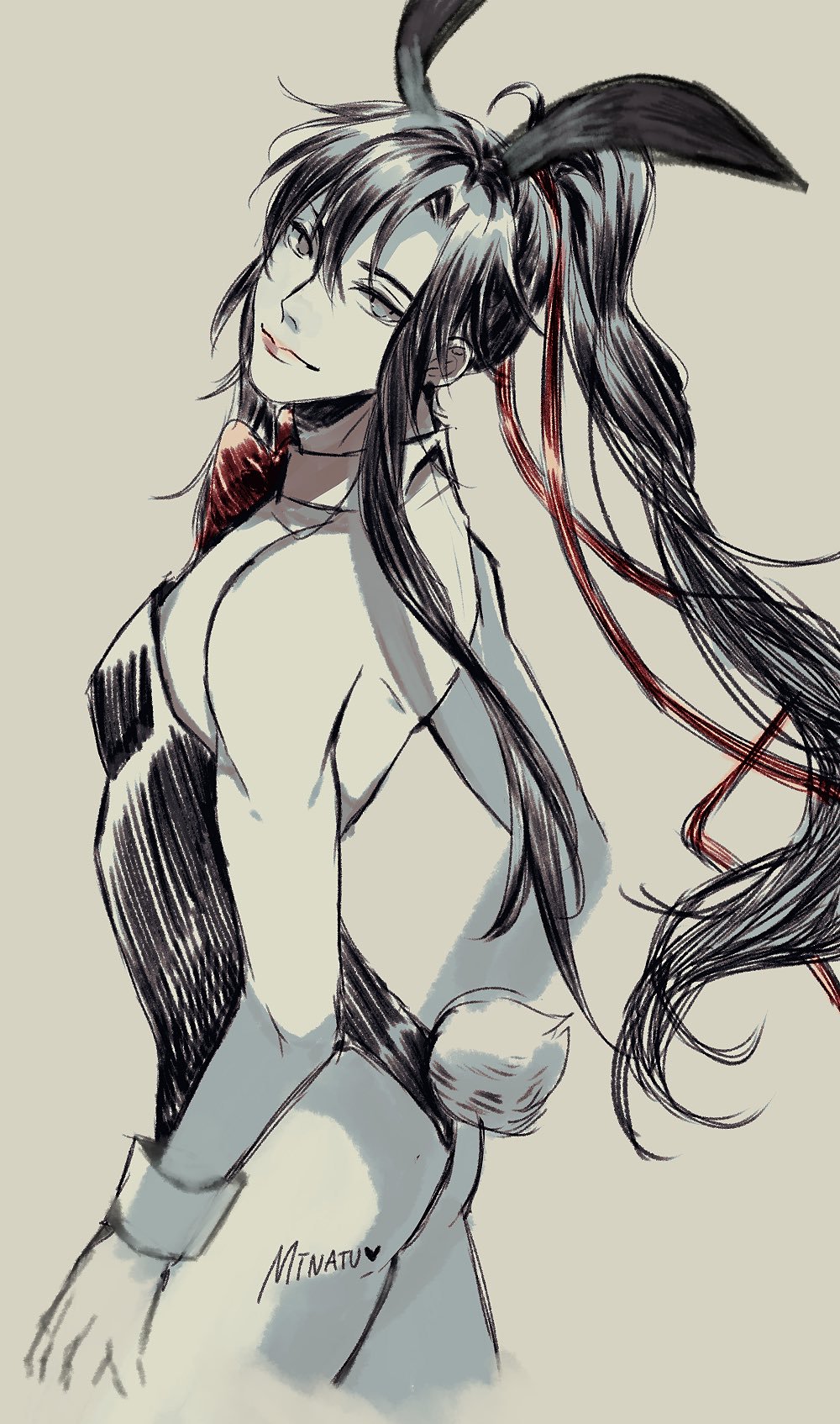 1boy ahoge alternate_costume animal_ears artist_name ass bare_arms bare_legs bare_shoulders black_hair black_leotard bow bowtie closed_mouth crossdressing detached_collar fake_animal_ears fake_tail grey_eyes hair_ribbon highres leotard long_hair looking_at_viewer looking_back male_focus male_playboy_bunny minataka94 modao_zushi monochrome playboy_bunny ponytail rabbit_ears rabbit_tail red_bow red_bowtie red_ribbon ribbon sidelocks simple_background smile solo spot_color strapless strapless_leotard tail trap very_long_hair wei_wuxian wrist_cuffs