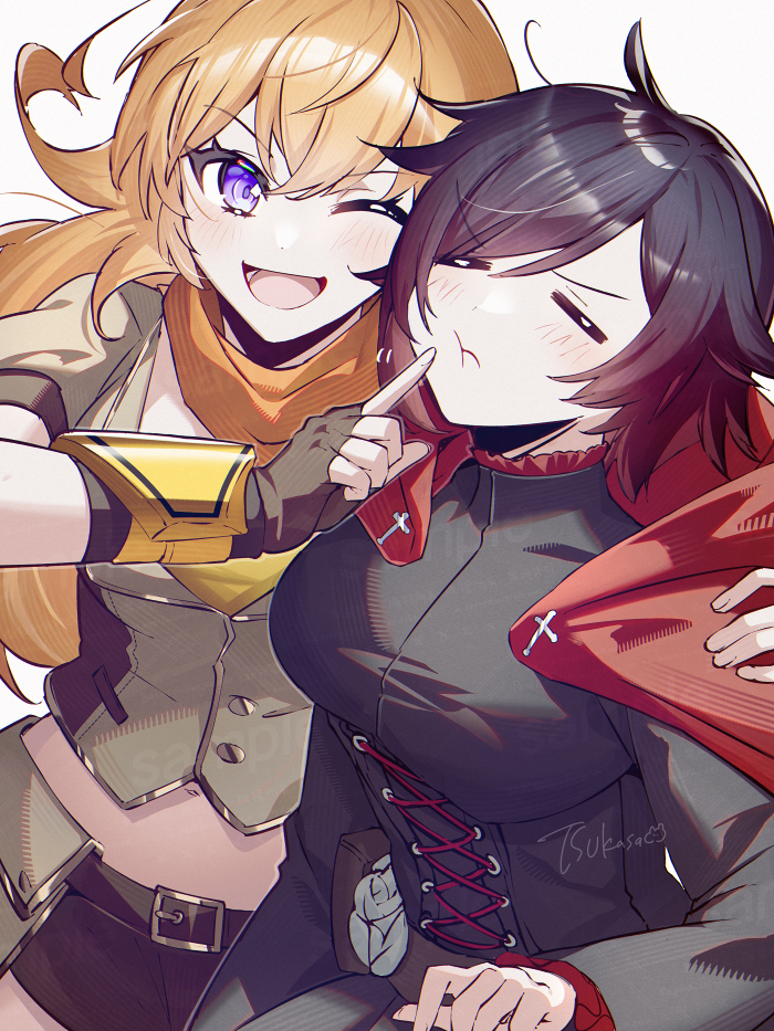2girls :t ;d belt belt_buckle black_belt black_dress black_gloves black_hair black_shorts blonde_hair buckle cape closed_eyes dress fingerless_gloves gloves grey_jacket index_finger_raised jacket long_hair midriff multiple_girls navel one_eye_closed open_mouth orange_scarf purple_eyes red_cape ruby_rose rwby scarf short_shorts short_sleeves shorts siblings signature sisters smile stomach tsukasa_(ilqmplim) underbust yang_xiao_long