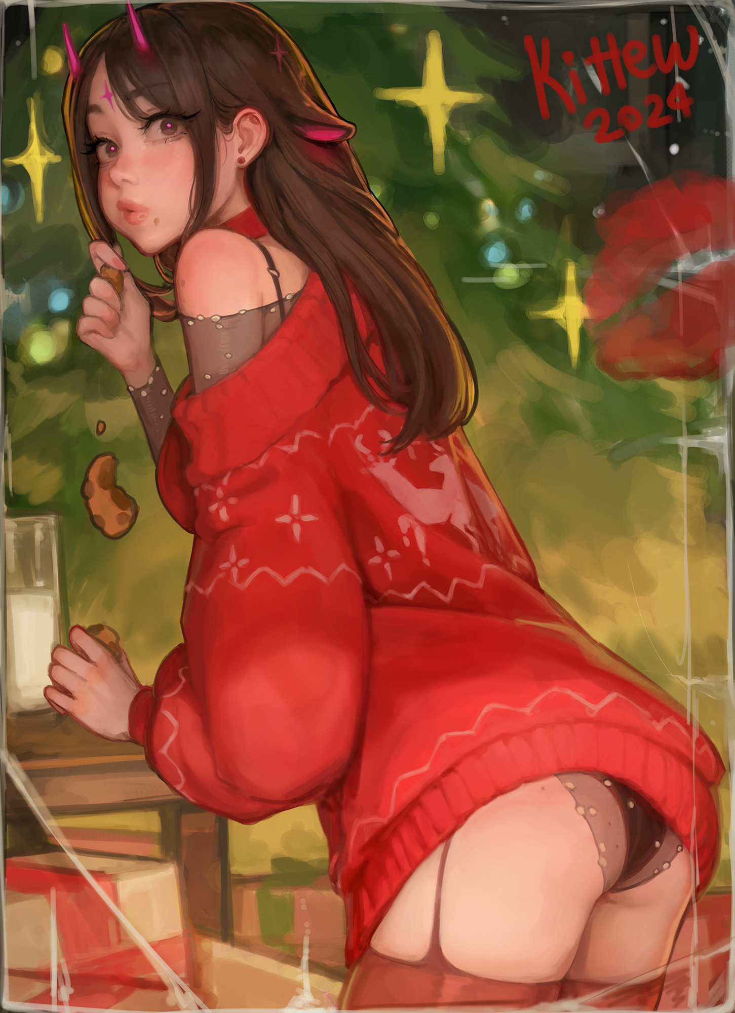 1girl artist_name ass bare_shoulders black_panties blush bra bra_strap breasts brown_eyes brown_hair chocolate_chip_cookie choker christmas christmas_sweater christmas_tree commentary cookie cowboy_shot cup dated dress drinking_glass dropping ear_piercing earrings eating english_commentary fake_photograph fingernails food from_behind garter_straps gift highres holding horns indoors jewelry kittew lingerie lips lipstick_mark long_hair long_sleeves looking_at_viewer looking_back milk night no_pants off-shoulder_sweater off_shoulder original panties parted_lips piercing pink_nails pink_pupils red_choker red_sweater reindeer_print sidelocks signature skindentation snowing solo stud_earrings sweater sweater_dress table thighhighs thighs thong underwear