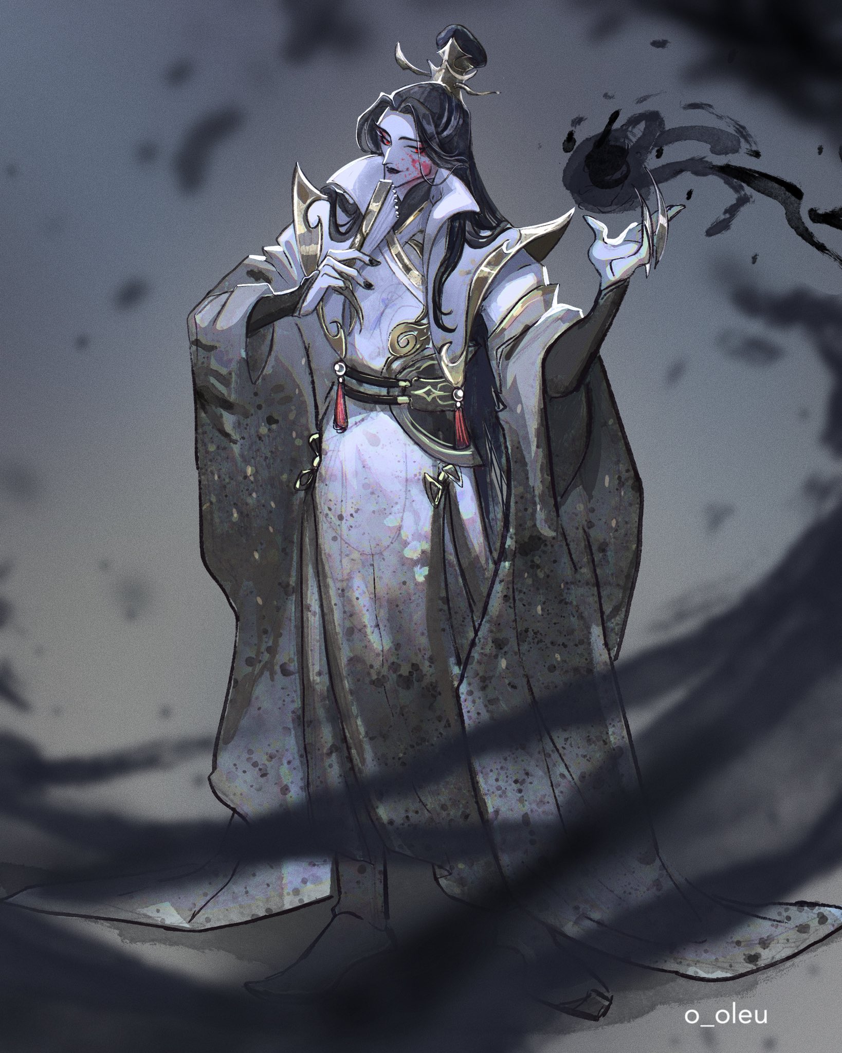 1boy alternate_costume artist_name black_hair black_nails blue_skin clothing_request colored_skin commentary english_commentary folding_fan full_body hand_fan hand_up highres holding holding_fan league_of_legends long_hair long_sleeves magic male_focus miguel_sanchez nail_polish solo standing vladimir_(league_of_legends) wide_sleeves