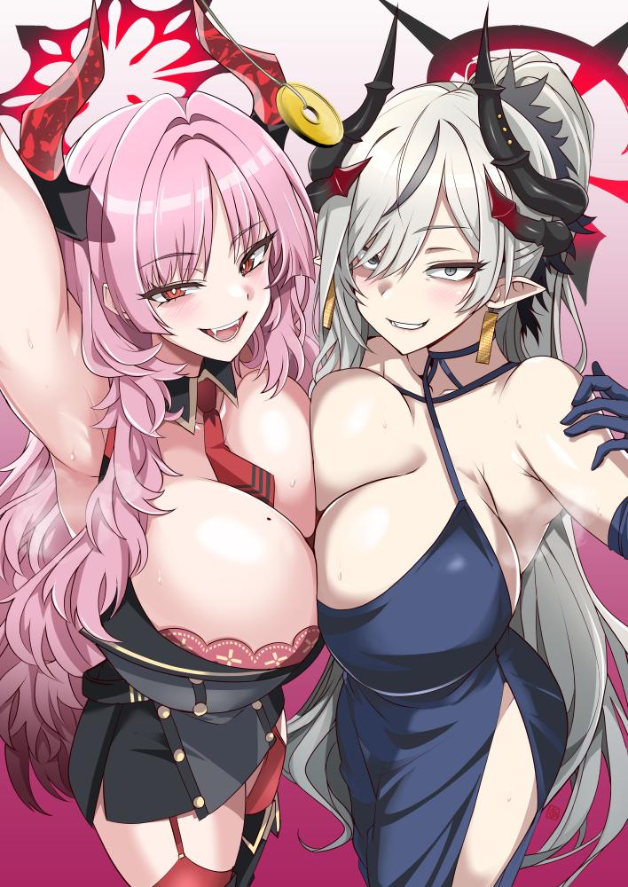 2girls aoi_manabu blue_archive blue_dress blue_gloves blush breast_press breasts cleavage commentary_request dress earrings elbow_gloves fangs gloves grey_eyes grey_hair grin halo horns huge_breasts jewelry long_hair looking_at_viewer makoto_(blue_archive) makoto_(dress)_(blue_archive) mole mole_on_breast multiple_girls necktie pink_hair pointy_ears red_eyes red_necktie satsuki_(blue_archive) smile symmetrical_docking textless_version