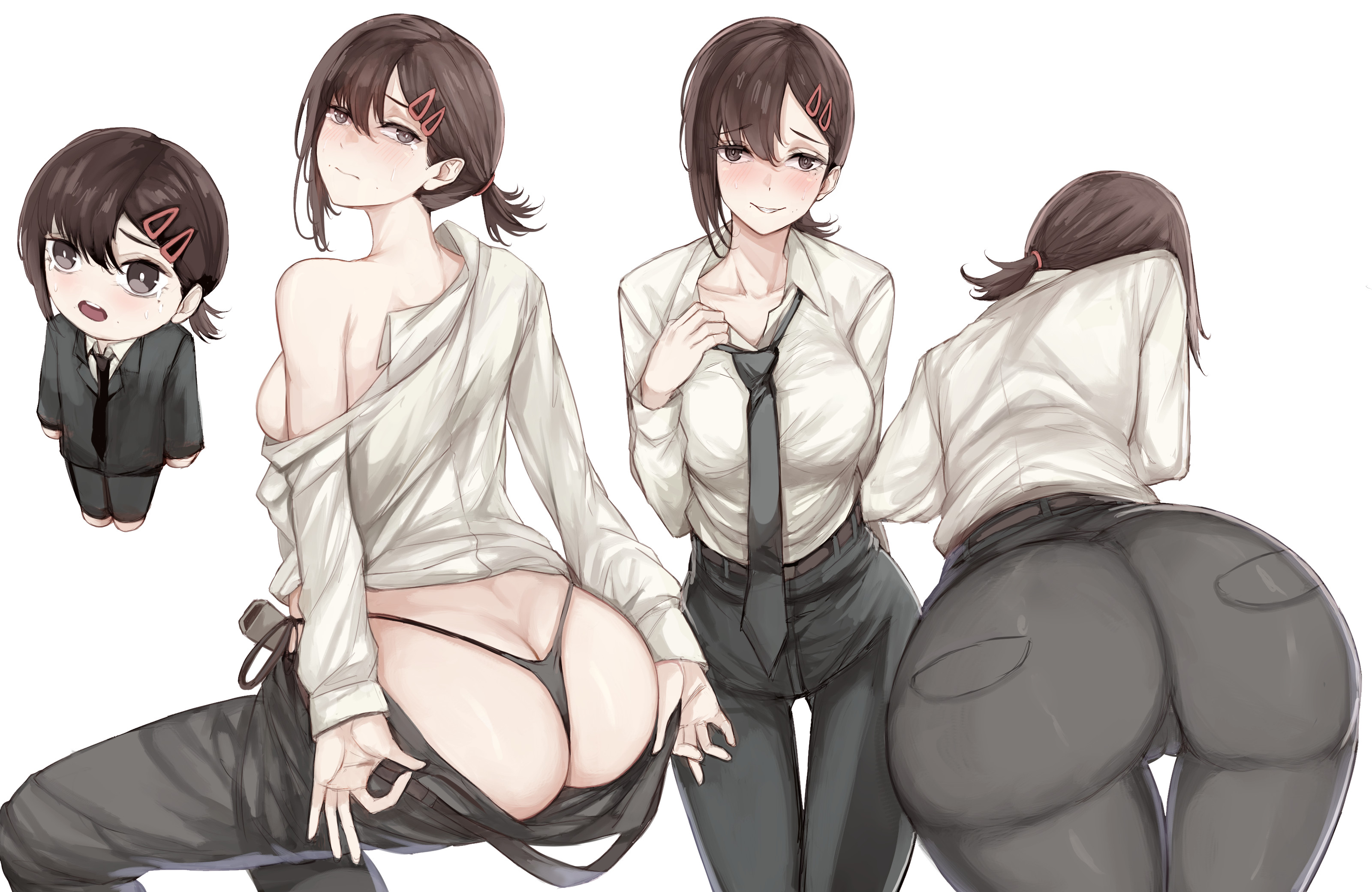 1girl absurdres ass belt black_necktie black_pants black_suit blush breasts brown_eyes brown_hair business_suit butt_crack cameltoe chainsaw_man chibi chibi_inset clothes_pull collarbone collared_shirt commentary english_commentary formal_clothes hair_ornament hairclip higashiyama_kobeni highleg highleg_panties highres huge_ass looking_at_viewer looking_back medium_breasts medium_hair mole mole_under_eye multiple_views necktie nervous_smile no_bra nui_gurumi off_shoulder panties pants pants_pull ponytail presenting presenting_ass pulling_own_clothes shirt shirt_tug short_ponytail sideboob single_sidelock smile suit sweat swept_bangs thigh_gap thong tight_clothes tight_pants underwear white_background white_shirt