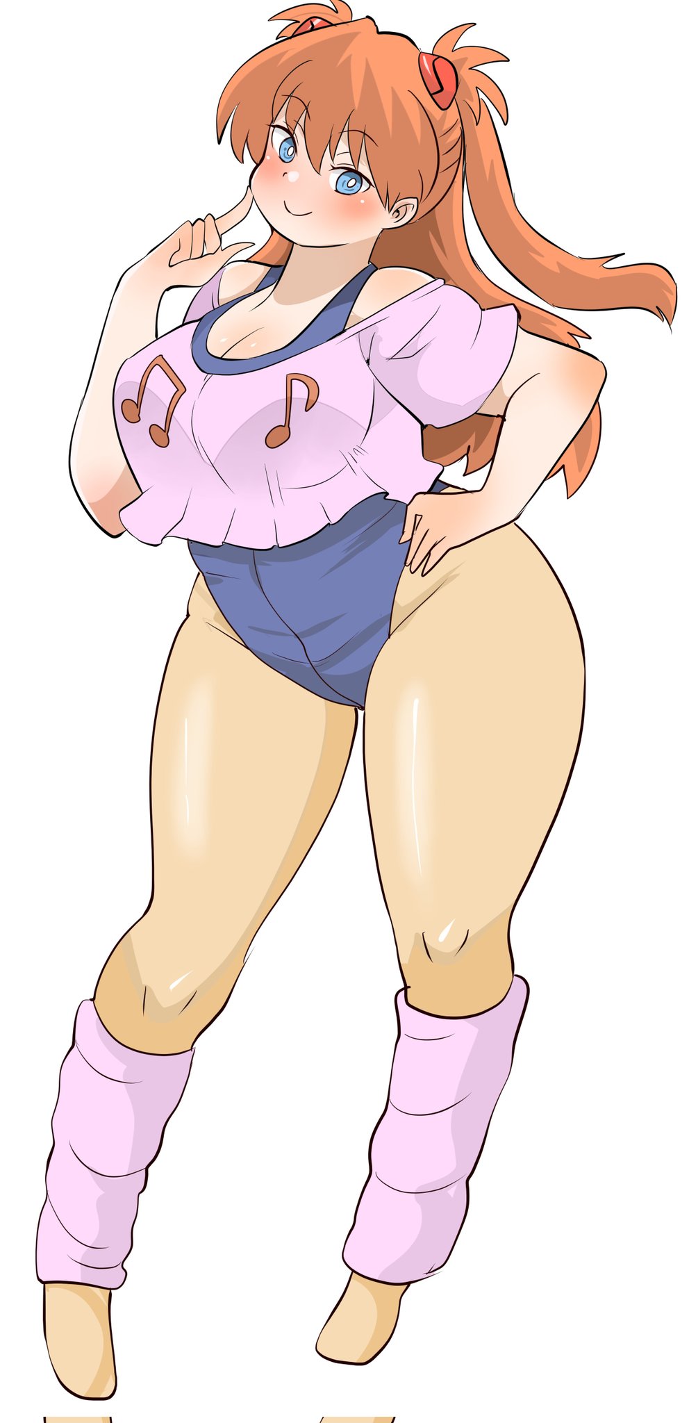 1girl alternate_breast_size ankle_socks blue_eyes blush breasts crop_top full_body large_breasts leotard long_hair looking_at_viewer neon_genesis_evangelion neon_genesis_evangelion_(manga) orange_hair plump shiny_skin smile socks solo souryuu_asuka_langley standing thick_thighs thighs toysikisizuoka wide_hips