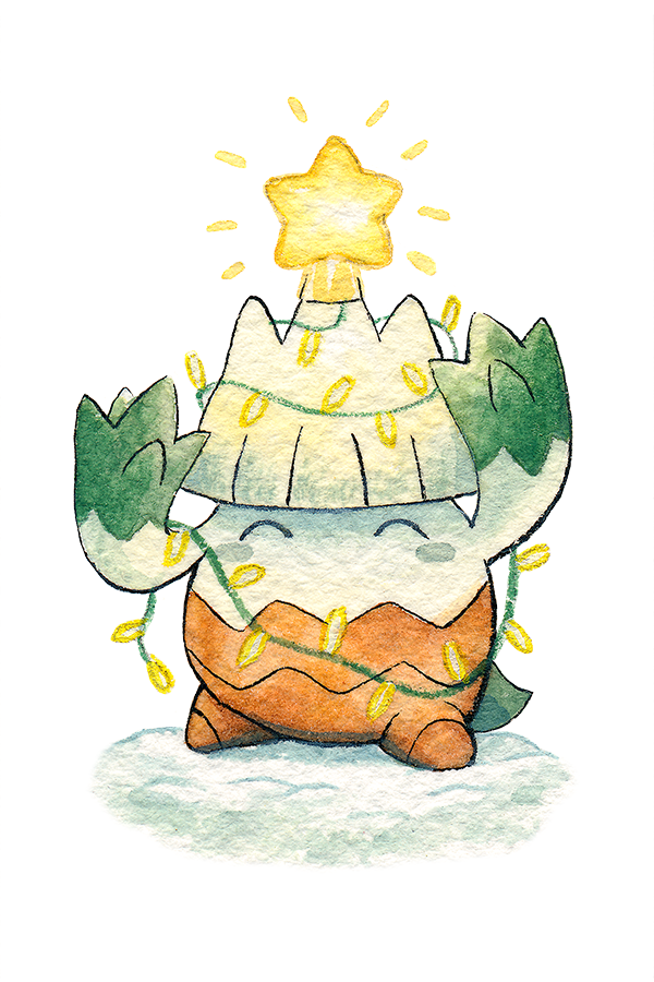 ^_^ arms_up blush blush_stickers christmas christmas_lights closed_eyes commentary english_commentary game_freak gen_4_pokemon nintendo no_humans object_on_head oliver_hamlin painting_(medium) pokemon pokemon_(creature) simple_background snover snow solo standing star_(symbol) string_of_light_bulbs traditional_media tree-topper watercolor_(medium) white_background