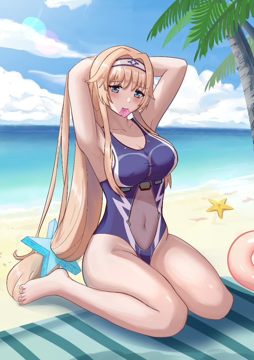 1girl aqua_eyes armpits arms_behind_head arms_up beach beach_towel blonde_hair blue_one-piece_swimsuit blue_sky breasts casual_one-piece_swimsuit cloud condom condom_in_mouth condom_wrapper covered_navel day enterprise_(warship_girls_r) hair_ornament large_breasts long_hair low-tied_long_hair mouth_hold ocean one-piece_swimsuit outdoors palm_tree sidelocks sitting sky solo star_(symbol) star_hair_ornament swimsuit towel tree user_gztx5723 very_long_hair wariza warship_girls_r