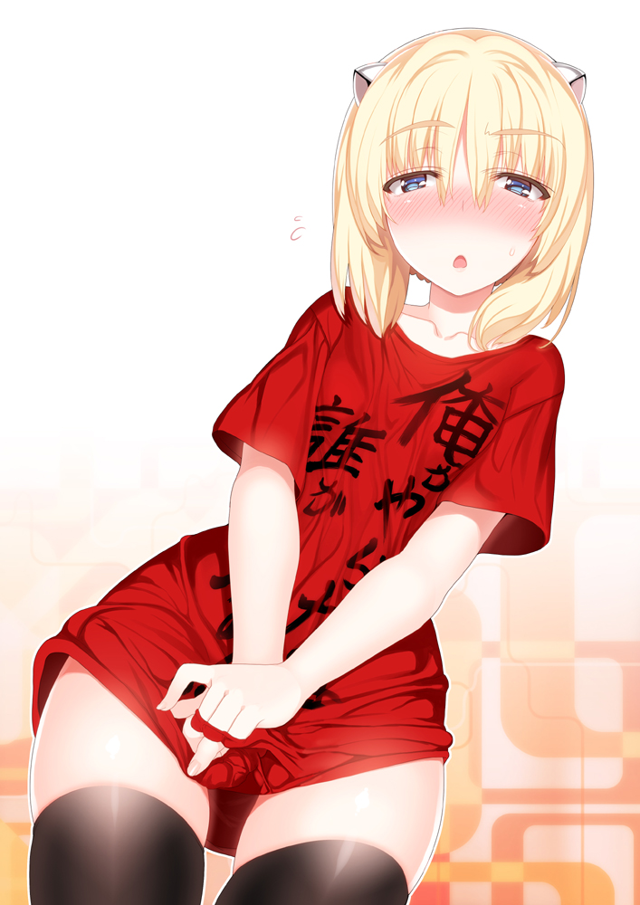 1girl black_thighhighs blonde_hair blue_eyes blush char female_focus looking_at_viewer naked_shirt open_mouth original shirt short_hair short_sleeves solo t-shirt thighhighs