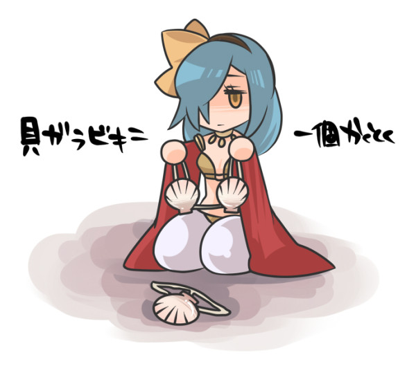 1girl bikini black_hairband bow bow_hairband breasts brown_bikini brown_bow brown_eyes chibi chibi_only closed_mouth commentary_request detached_sleeves expressionless full_body gypsy_(ragnarok_online) hair_over_one_eye hairband long_hair medium_breasts mere_(enya) pants ragnarok_online red_sleeves seiza shell shell_bikini simple_background sitting solo swimsuit translation_request unamused white_background white_pants