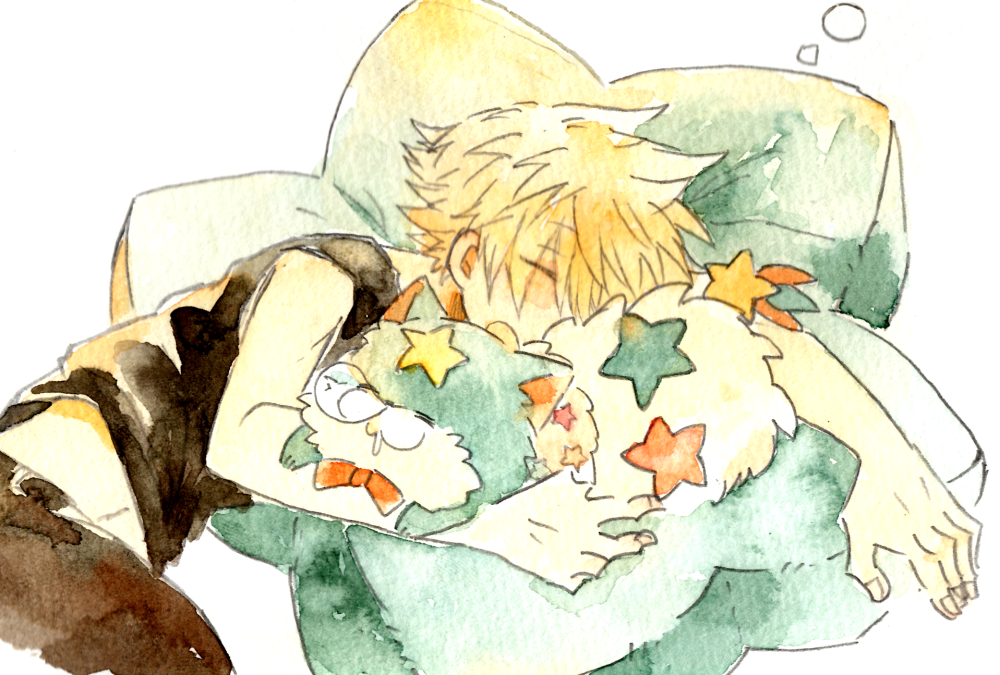 1boy alternate_costume black_pants black_shirt black_tank_top blonde_hair blue_fur bow bowtie cat closed_eyes commentary_request creature head_on_pillow kingdom_hearts kingdom_hearts_x light_blush lying male_focus midriff_peek navel nose_bubble on_side painting_(medium) pants pillow red_bow red_bowtie roxas shirt short_hair sleeping spiked_hair squeans star-shaped_pillow star_(symbol) tank_top tomatoyama traditional_media watercolor_(medium)