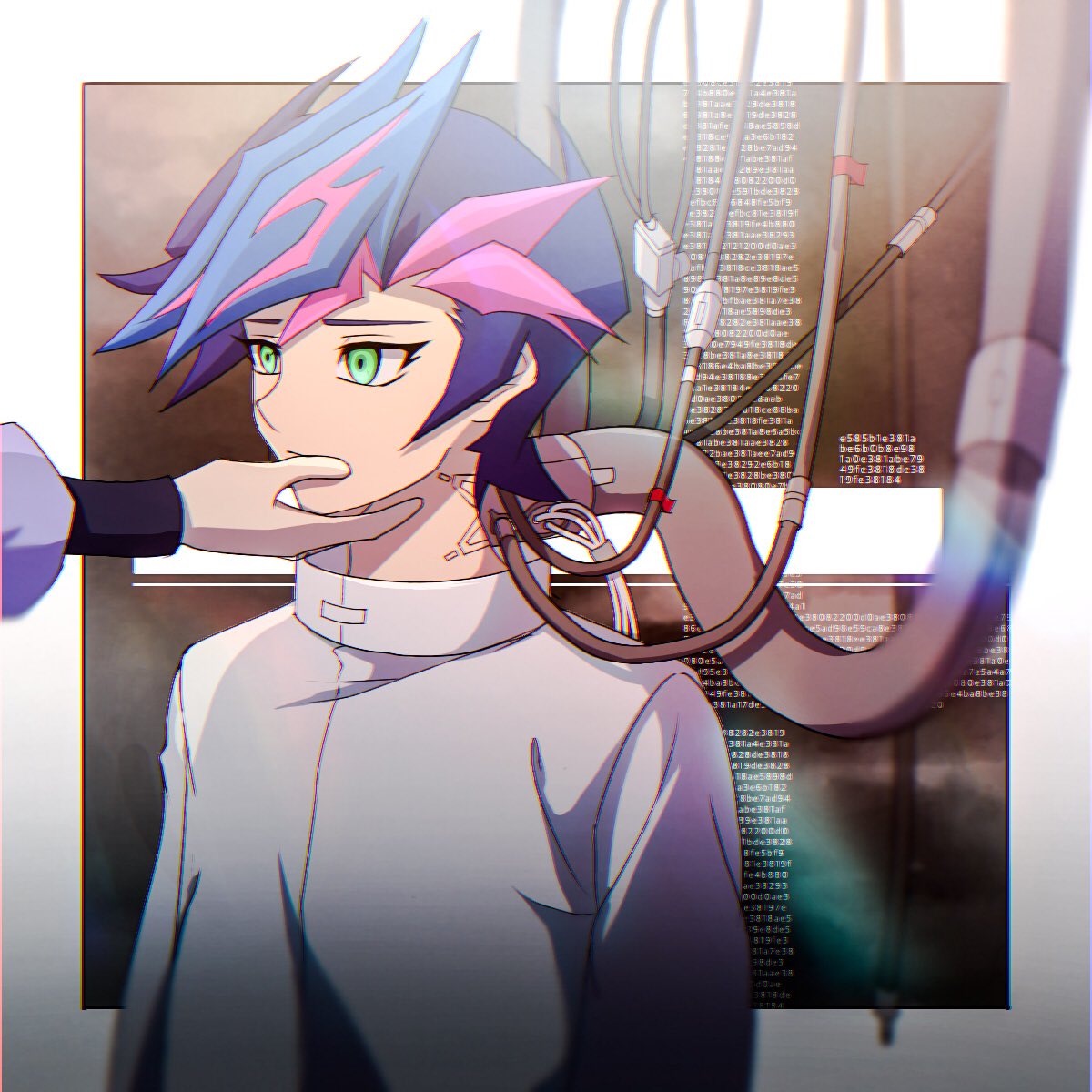 1boy android arms_at_sides atltax_00 black_sleeve_cuffs blue_hair border brown_background cable colored_bangs dappled_sunlight expressionless facing_another facing_to_the_side fujiki_yusaku green_eyes hand_on_another's_cheek hand_on_another's_chin hand_on_another's_face highres humanoid_robot light_particles looking_at_another looking_to_the_side male_focus mechanization numbered ornate_border purple_shirt robot shirt spiked_hair straitjacket sunlight tape white_border white_shirt wire yu-gi-oh! yu-gi-oh!_vrains