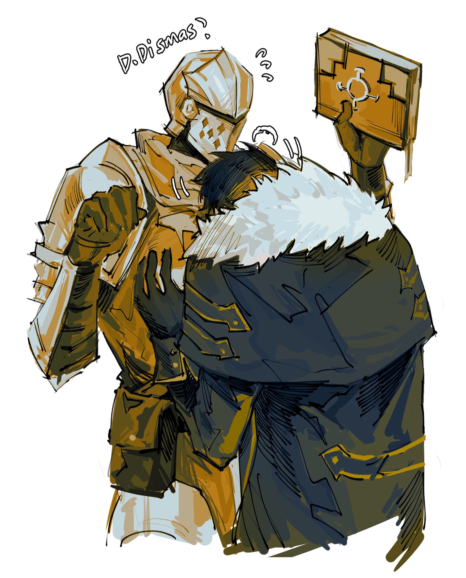 2boys 3583367063_xd arm_up armor armored_gloves belt book breastplate coat commentary cropped_legs crusader_(darkest_dungeon) darkest_dungeon darkest_dungeon_ii english_text faulds flying_sweatdrops fur-trimmed_coat fur_trim gloves hand_on_another's_chest highres highwayman_(darkest_dungeon) holding holding_book knight long_sleeves male_focus motion_lines multiple_boys pauldrons pouch scarf short_hair shoulder_armor sleeve_cuffs sweatdrop