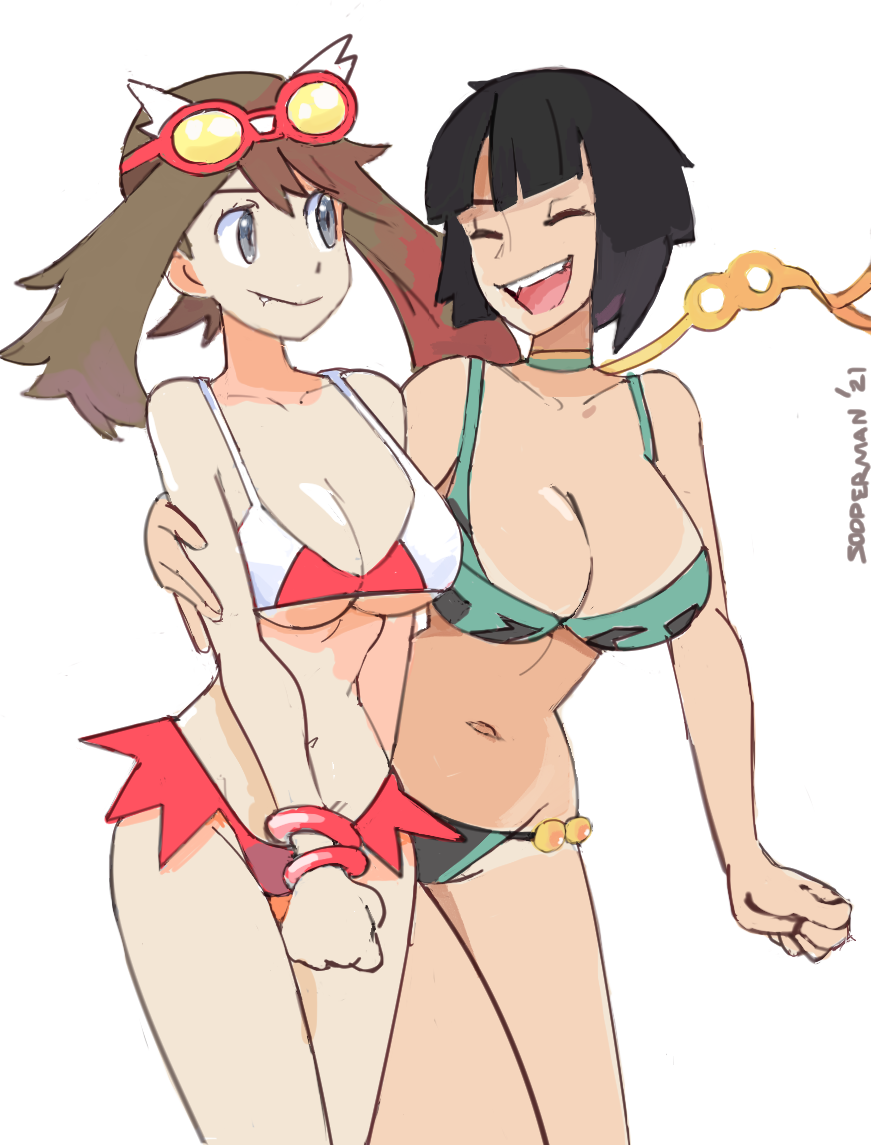 2021 2girls alternate_breast_size arm_around_shoulder artist_name bikini black_bikini black_hair blue_eyes bracelet breasts brown_hair cleavage closed_eyes collar commentary cosplay cowboy_shot curvy dated english_commentary english_text eyewear_on_head fang gen_3_pokemon green_bikini green_neckwear groin hair_between_eyes highleg highleg_bikini jewelry large_breasts latias latias_(cosplay) legendary_pokemon may_(pokemon) medium_breasts multicolored_bikini multiple_girls navel nintendo open_mouth pokemon pokemon_oras pokemon_rse rayquaza rayquaza_(cosplay) red_bikini shiny_skin sidelocks simple_background sooperman sunglasses sunglasses_on_head swimsuit tan tanline tareme teeth upper_teeth_only white_background white_bikini zinnia_(pokemon)